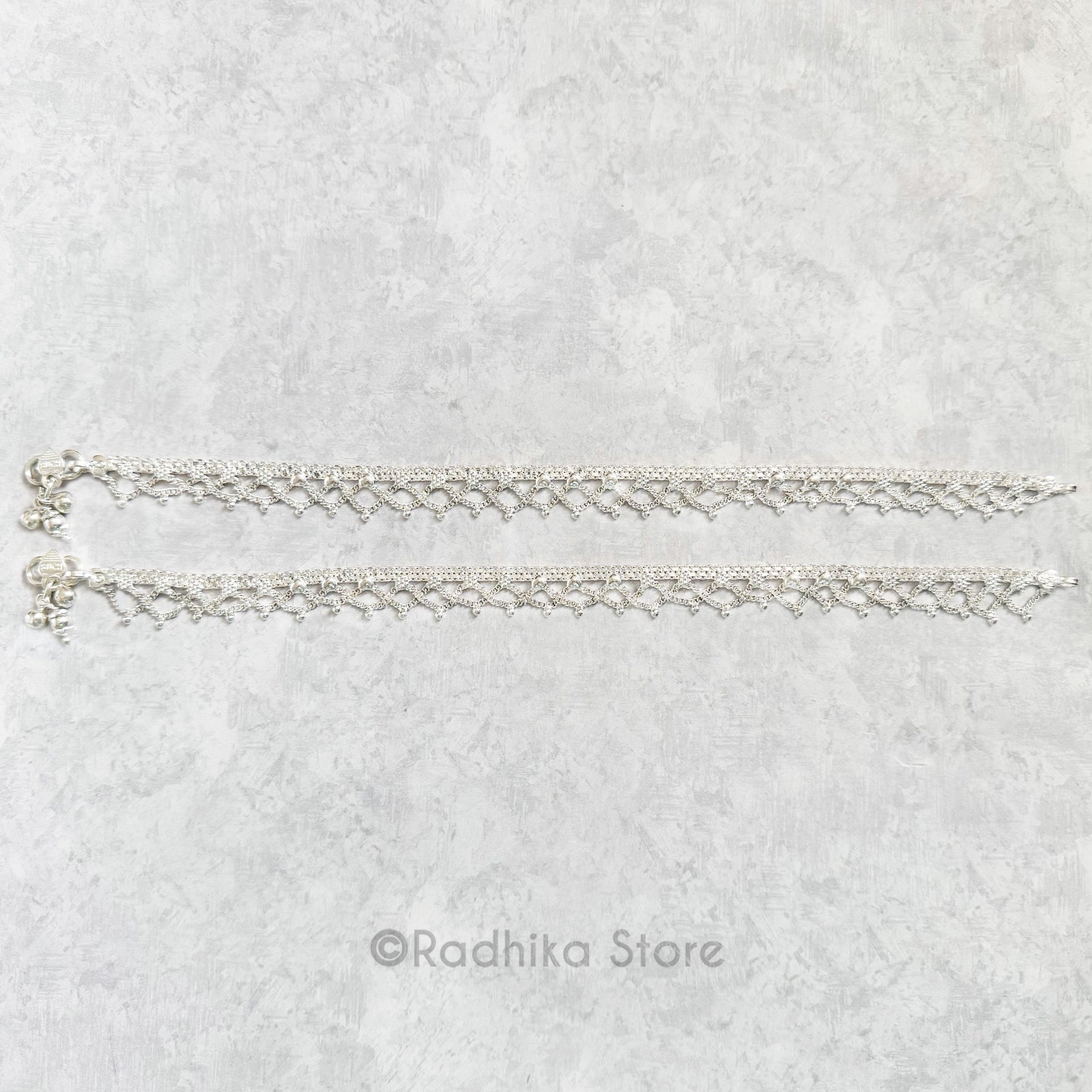 Double Scalloped  With  Hearts and Flowers - Set of 2 - Silver Anklets