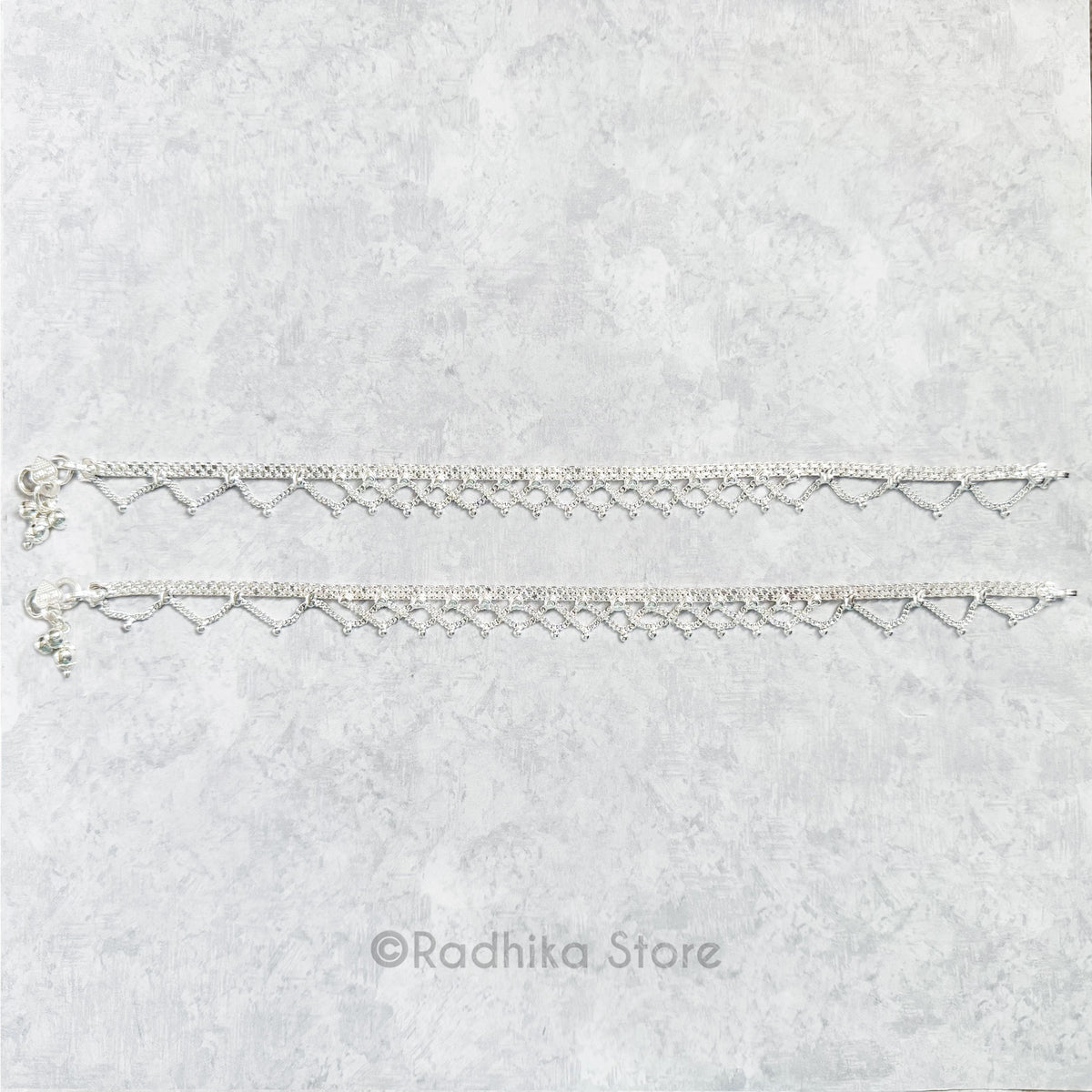 Single And Double Scalloped  With Chandrikas And Hearts- Set of 2 - Silver Anklets