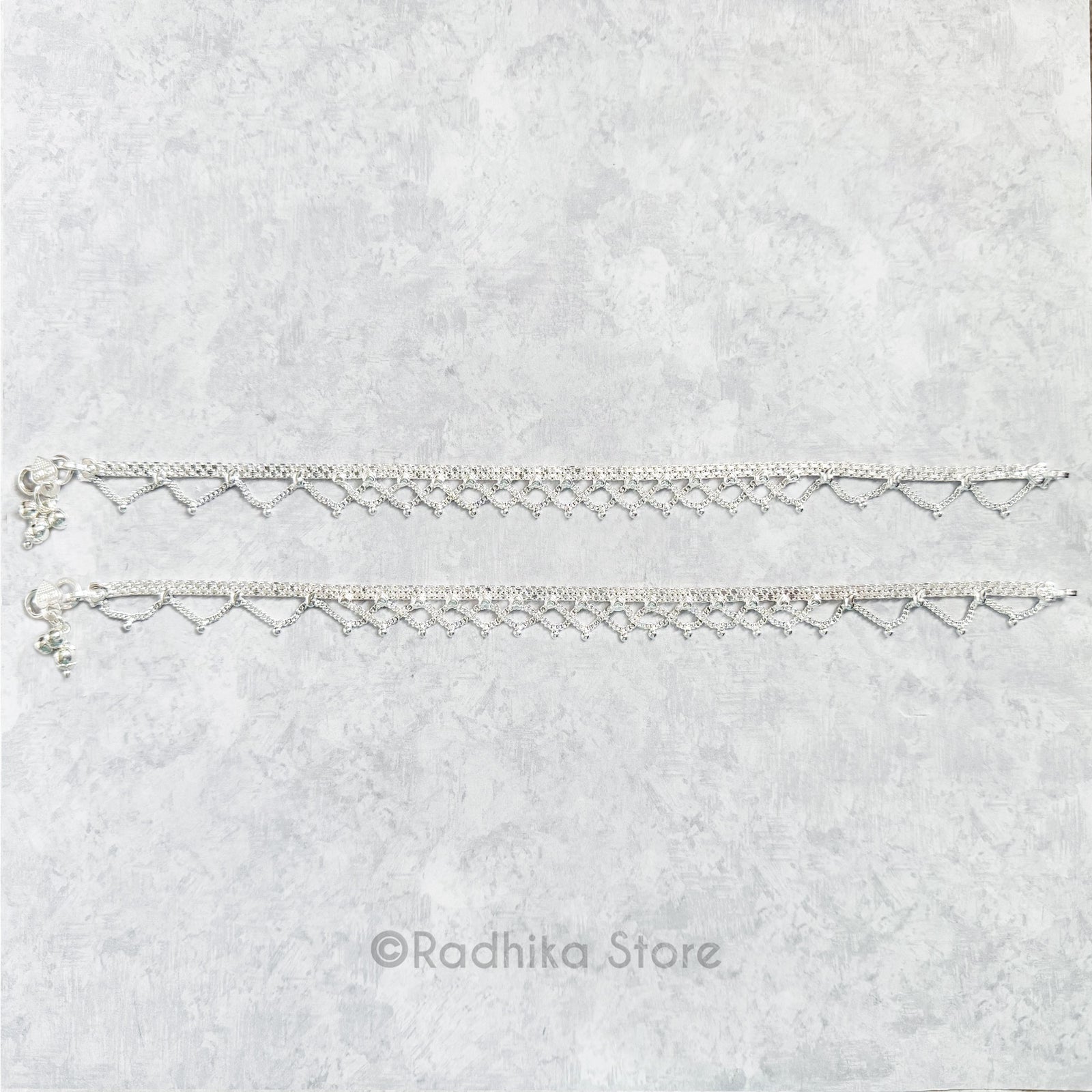 Single And Double Scalloped  With Chandrikas And Hearts- Set of 2 - Silver Anklets