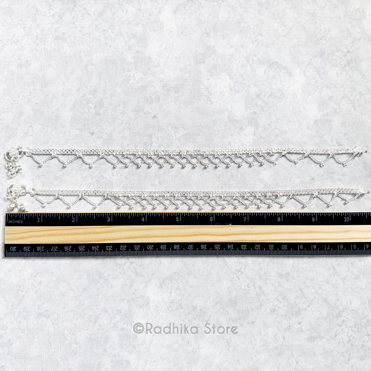 Single And Double Scalloped  With Chandrikas And Hearts- Set of 2 - Silver Anklets