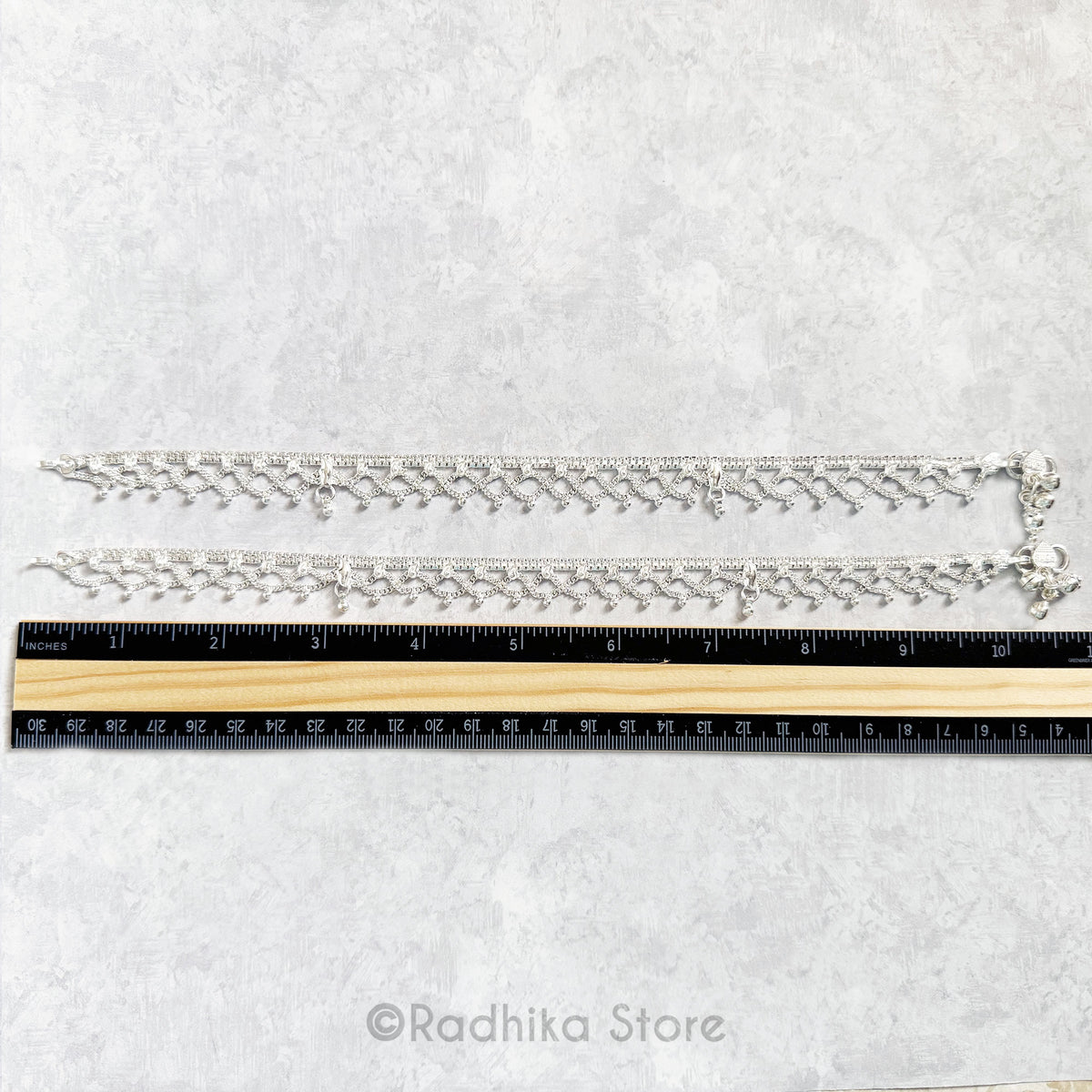 Double Scalloped  With Chandrikas - Set of 2 - Silver Anklets