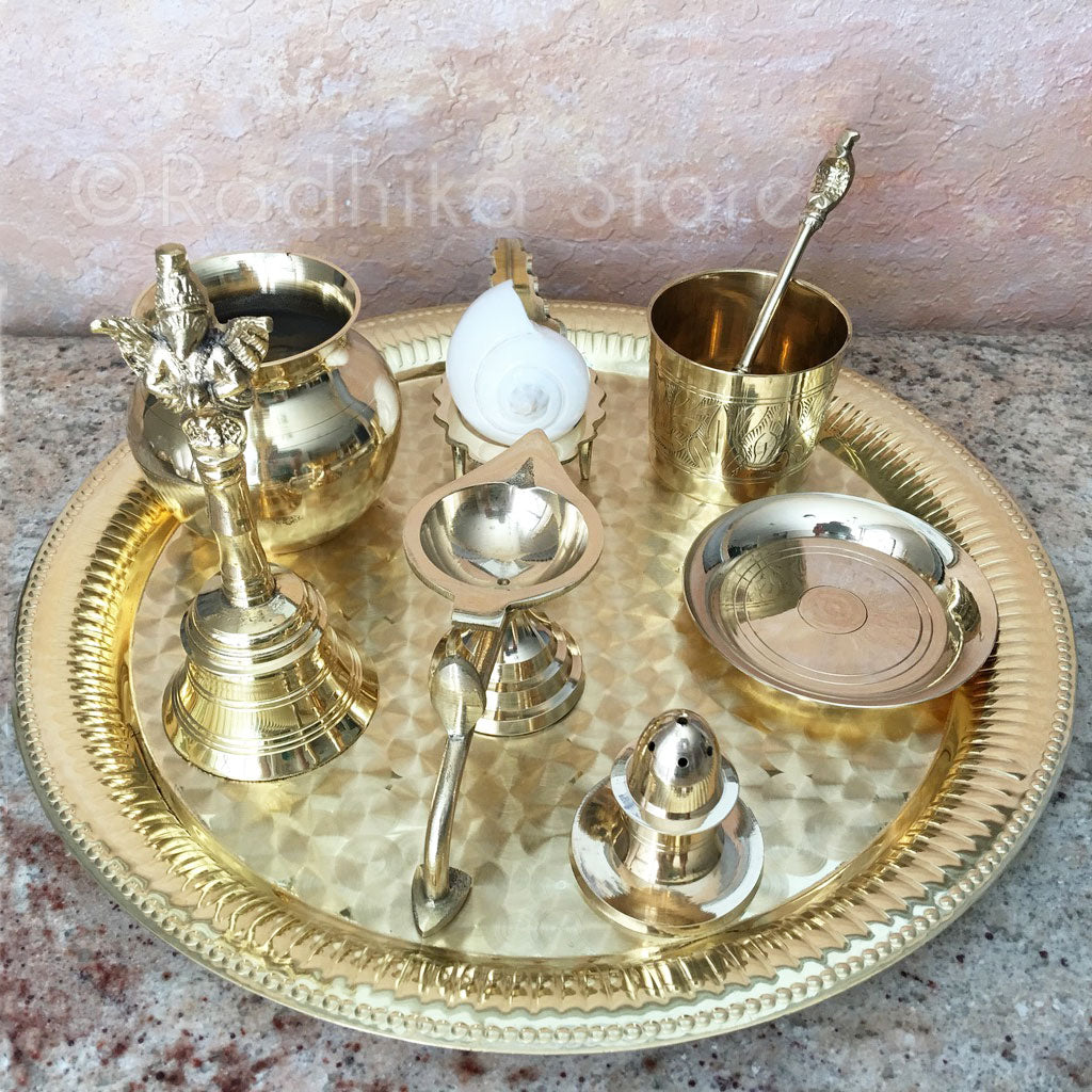 Brass Arati Tray Complete Set - 11." Inch (Large Tray)