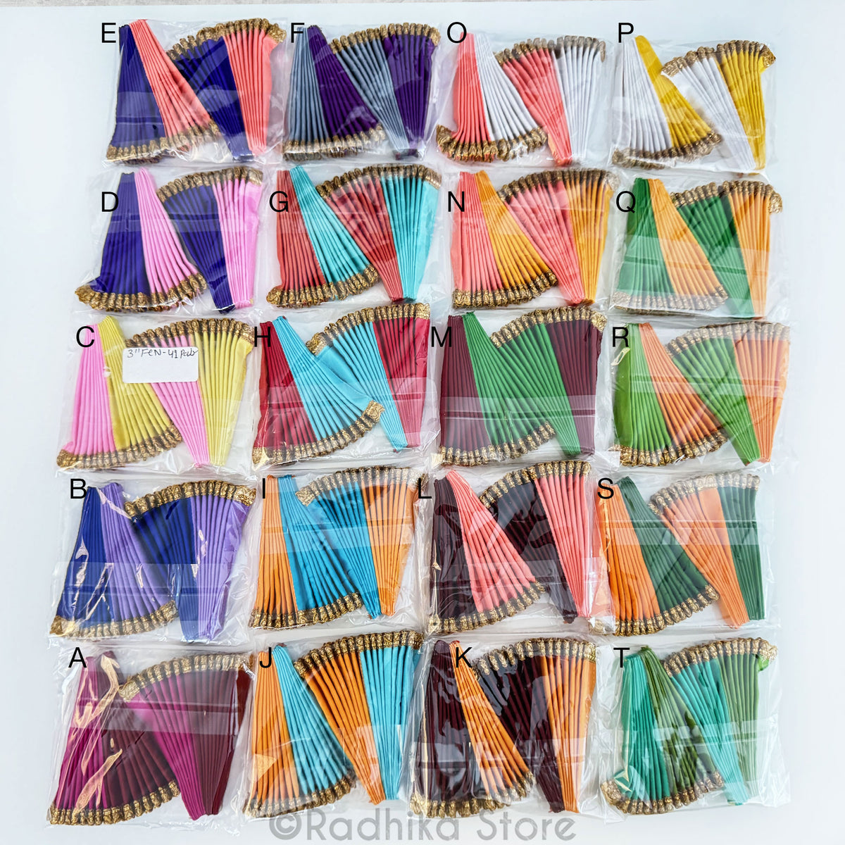 Turban Fans - 2 Colors Silk - With Gold Jari Trim-  3 1/4 Inch - Set of 2