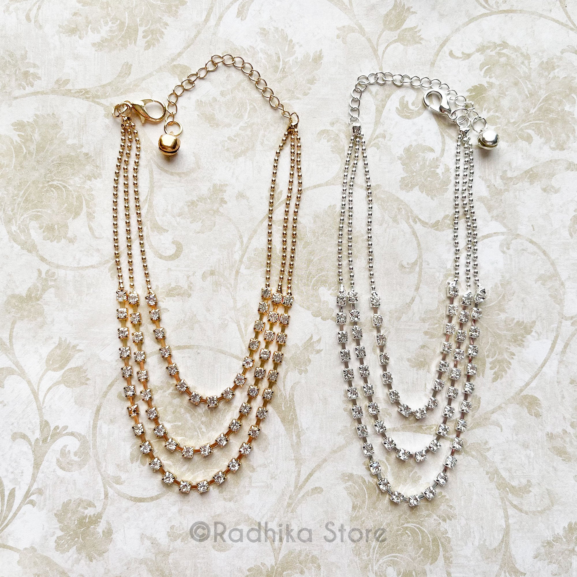 Three Chain Rhinestone Deity Necklace-Silver or Gold Metal-