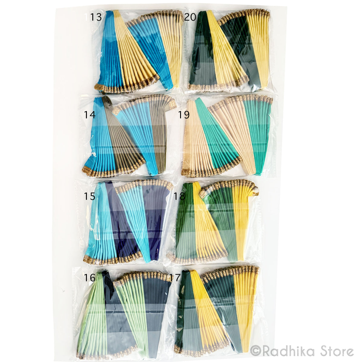 Turban Fans - 2 Colors Silk - With Gold Jari Trim-  4 1/4 Inch - Set of 2