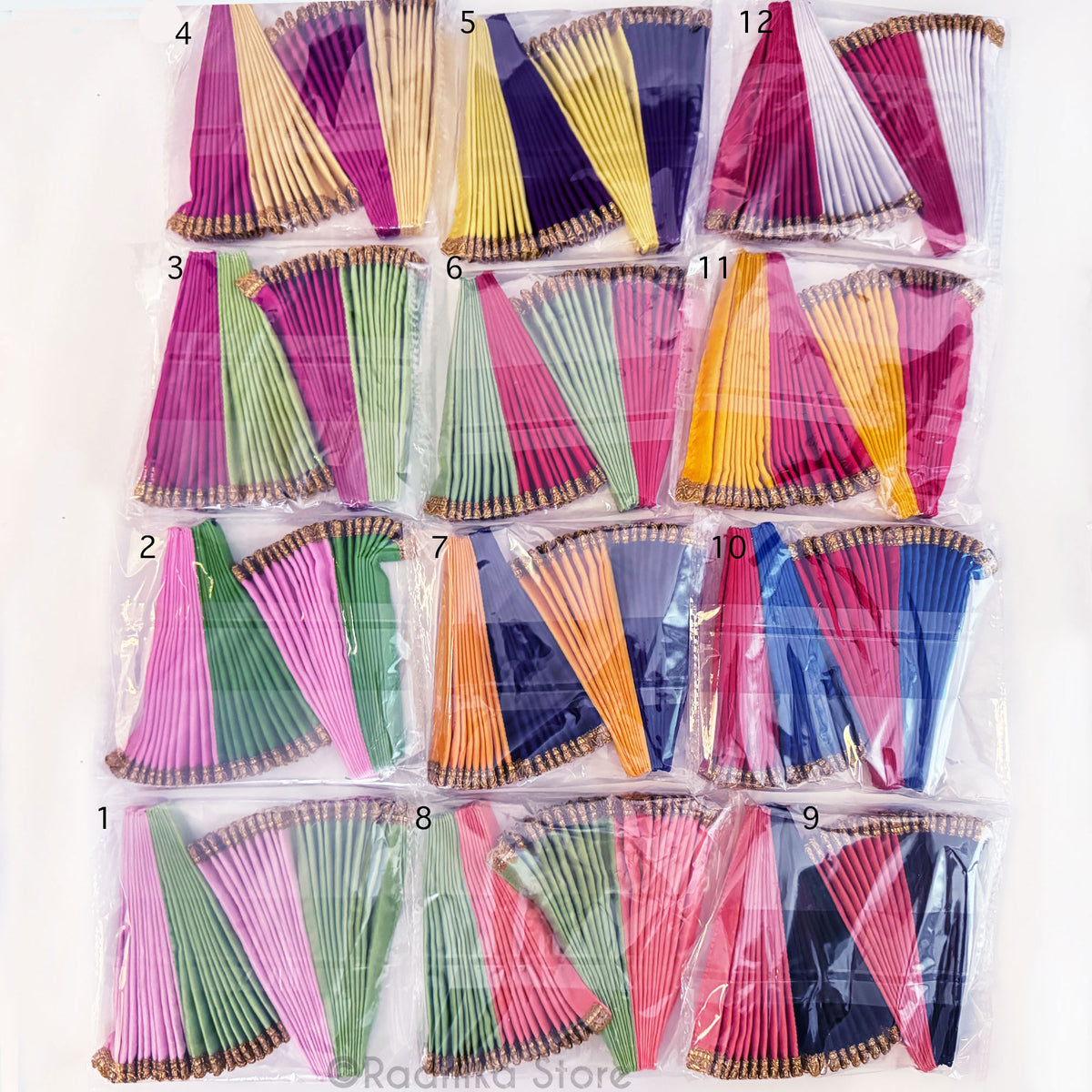 Turban Fans - 2 Colors Silk - With Gold Jari Trim-  4 1/4 Inch - Set of 2