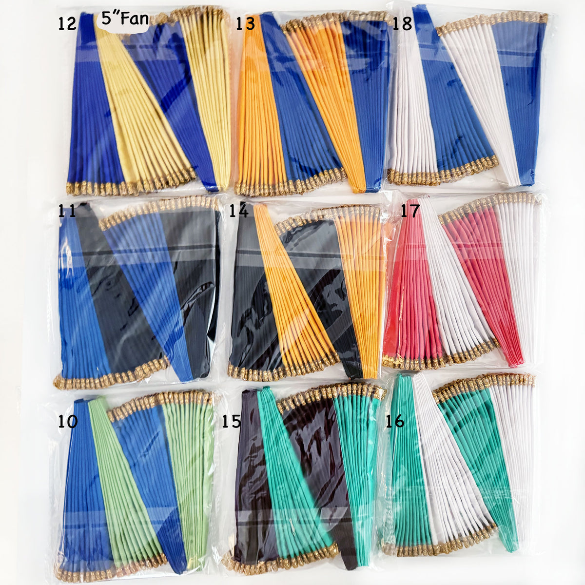 Turban Fans - 2 Colors Silk - With Gold Jari Trim-  5 1/4 Inch - Set of 2