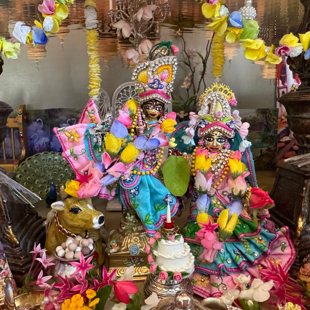 Madhurya Lila - Pink Blue and Green - Silk - Radha Krishna Deity Outfit