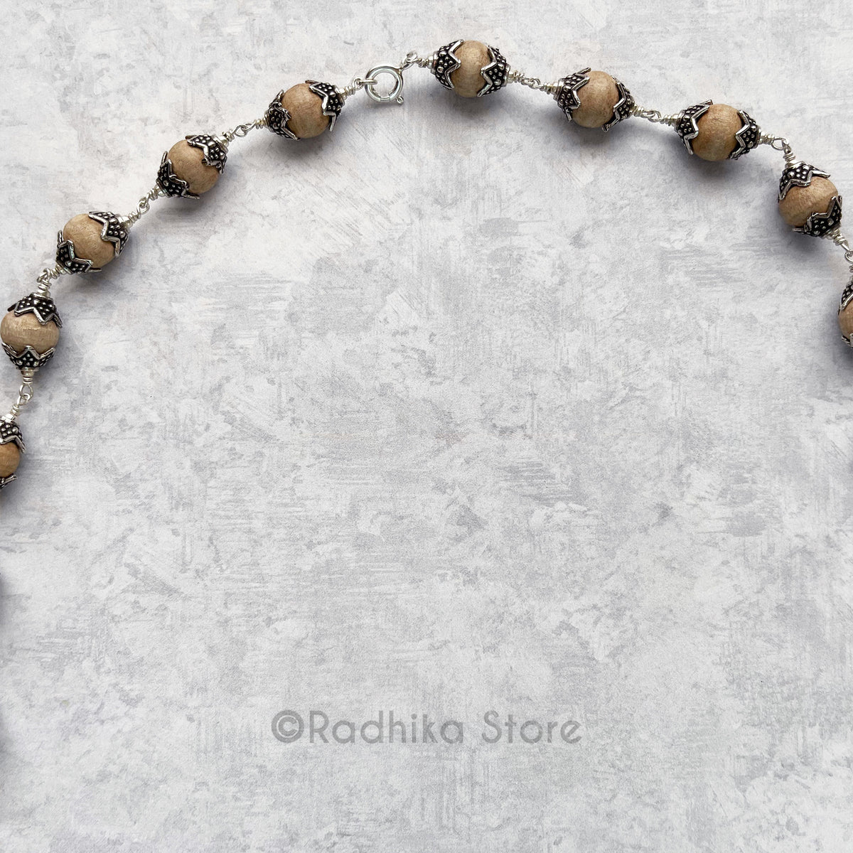 Exclusive Design - Natural with Lotus Caps - Tulsi Silver Necklace 24 Inch