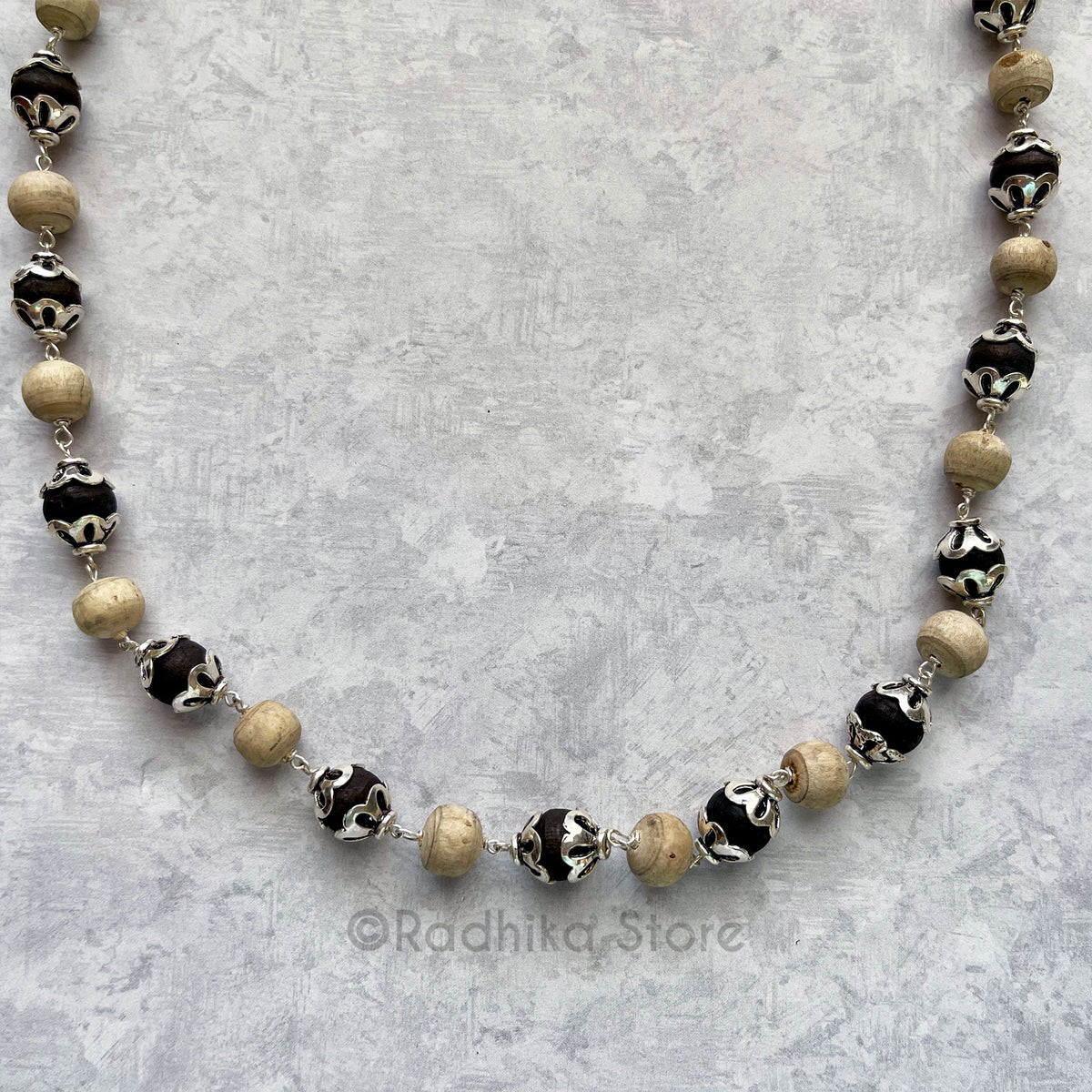 Exclusive Design - 3mm- Black and Natural - Tulsi Silver Necklace 24 Inch