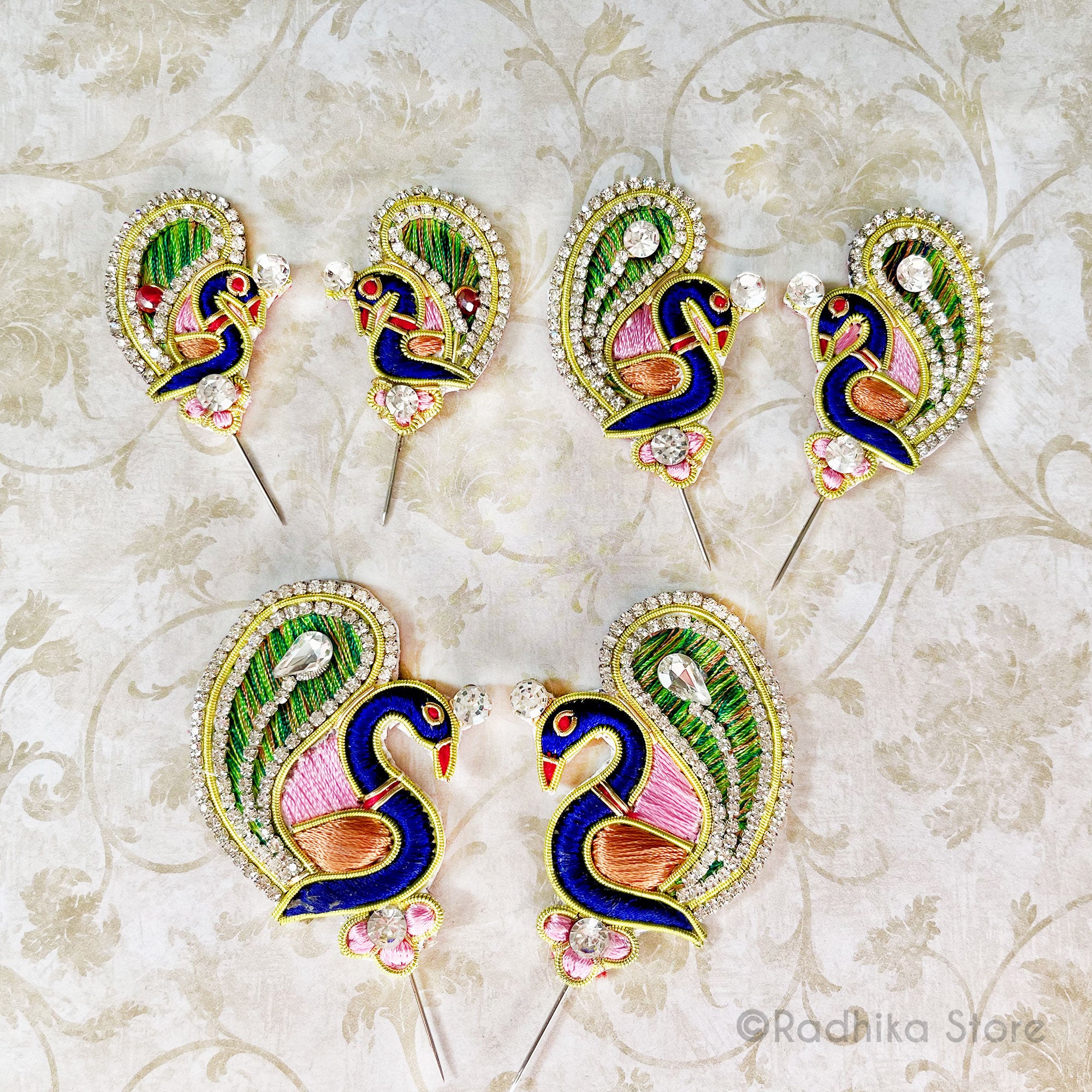 Adorning Peacocks with Jeweled Head - Embroidery Turban Pins - Set of 2