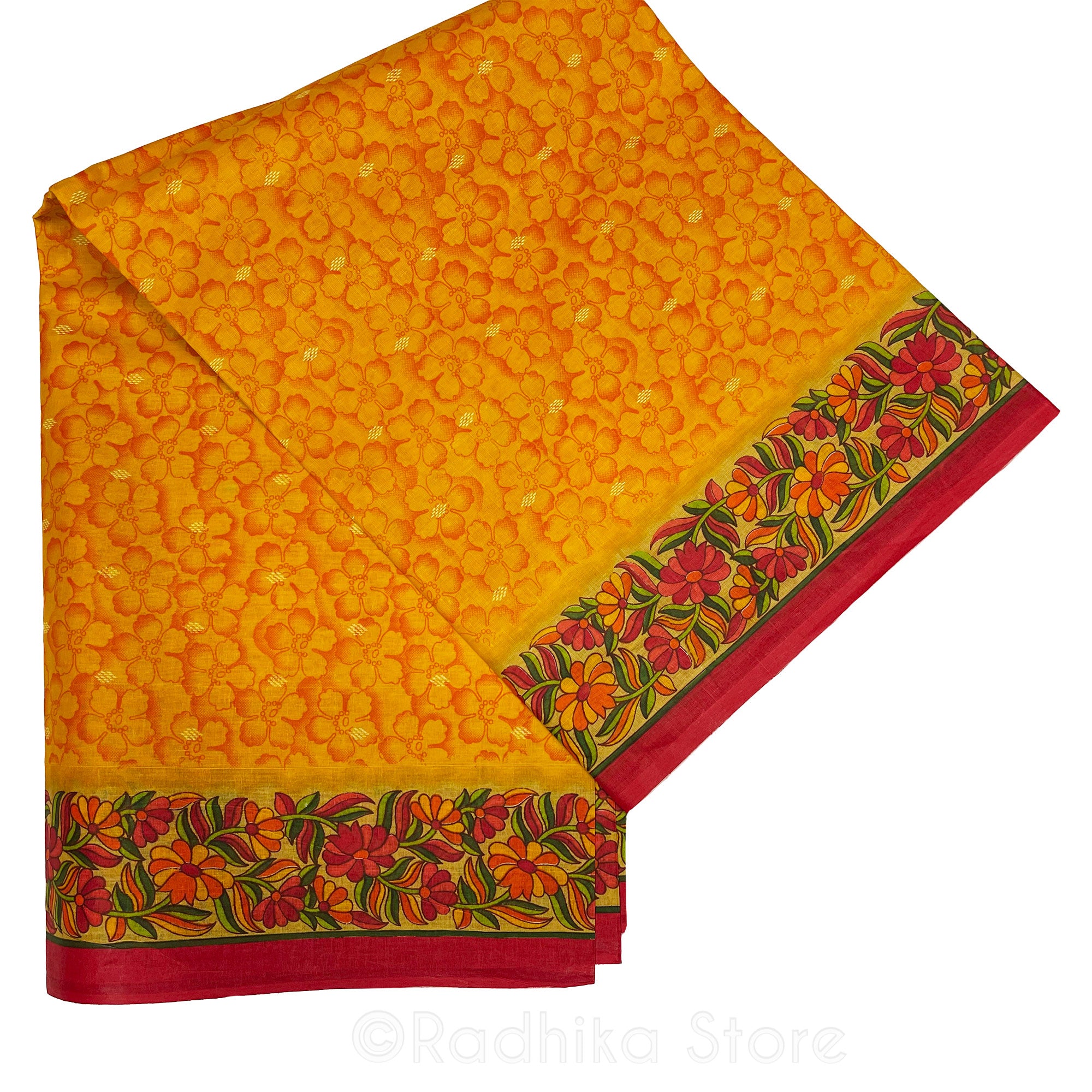 Mayapur Marigolds- Printed Cotton Saree - Marigold With Red Colors