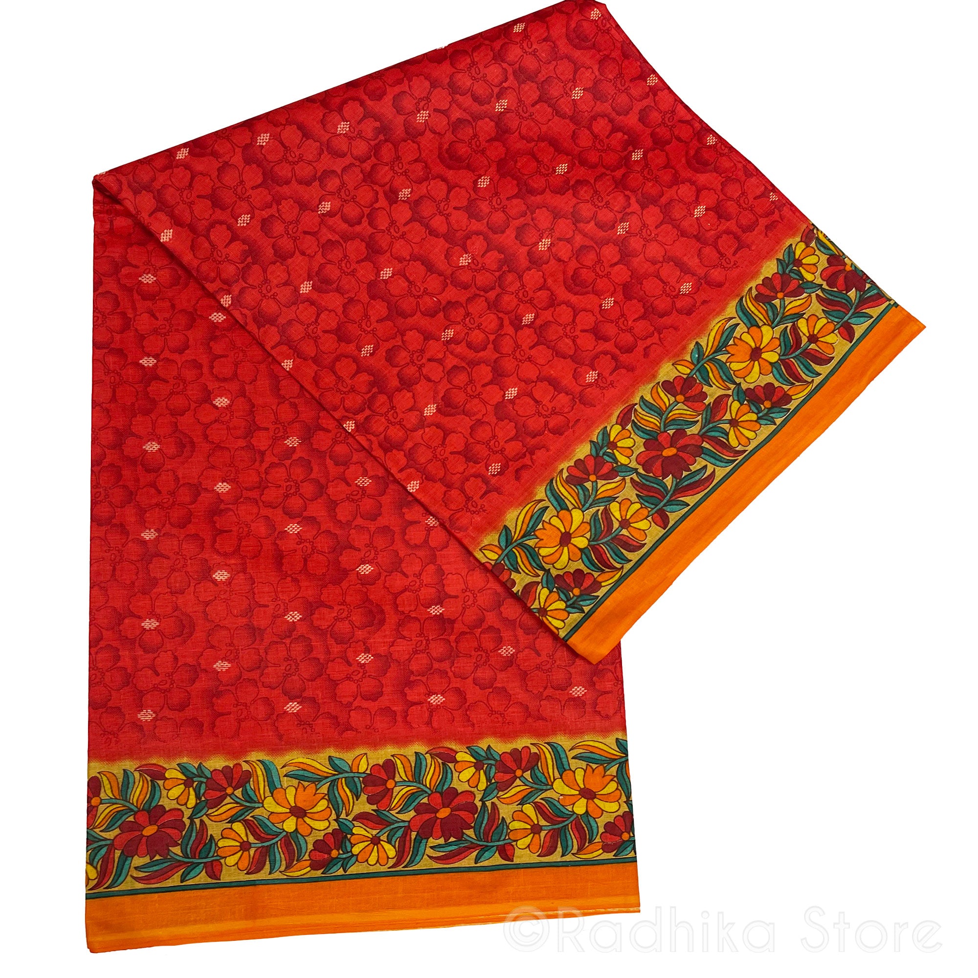 Mayapur Festival of Flowers - Printed Cotton Saree - Red With Marigold Colors