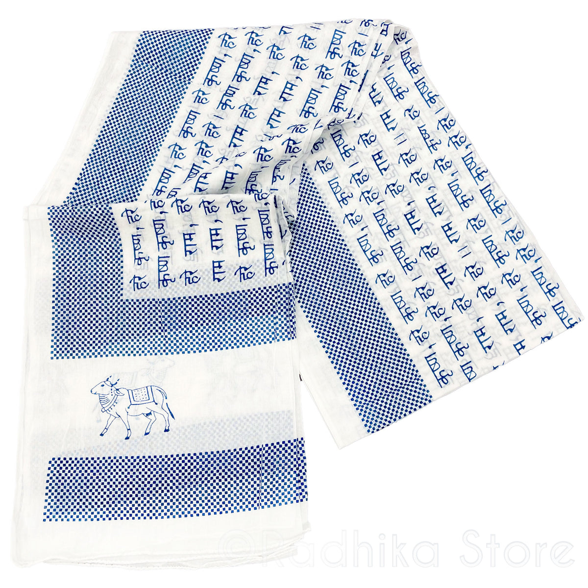 Checkered Pin Dot-Blue  -  Maha Mantra Chadar - With Vrindavan Cows