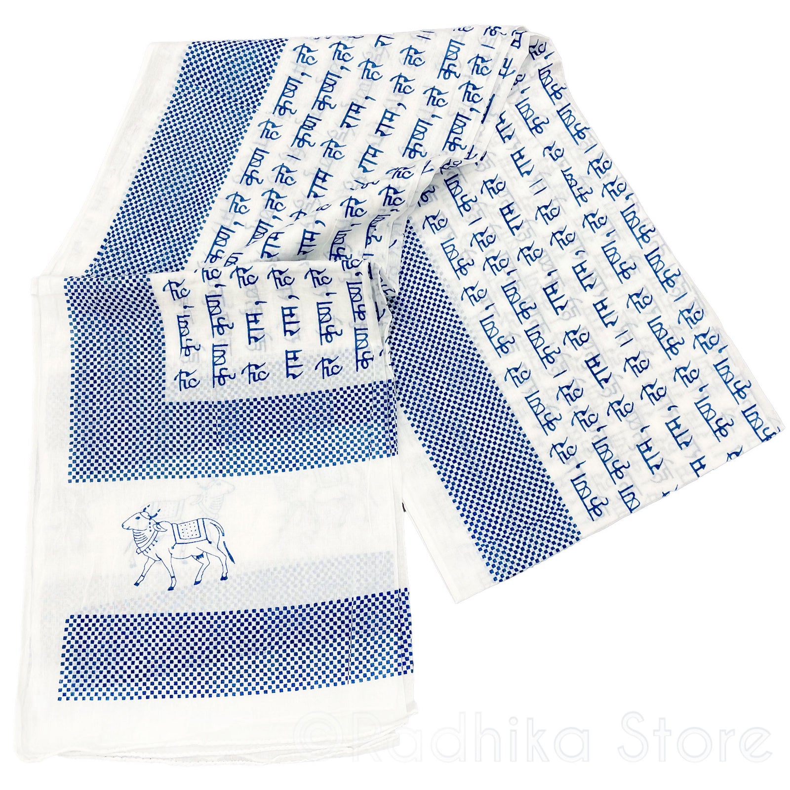 Checkered Pin Dot-Blue  -  Maha Mantra Chadar - With Vrindavan Cows