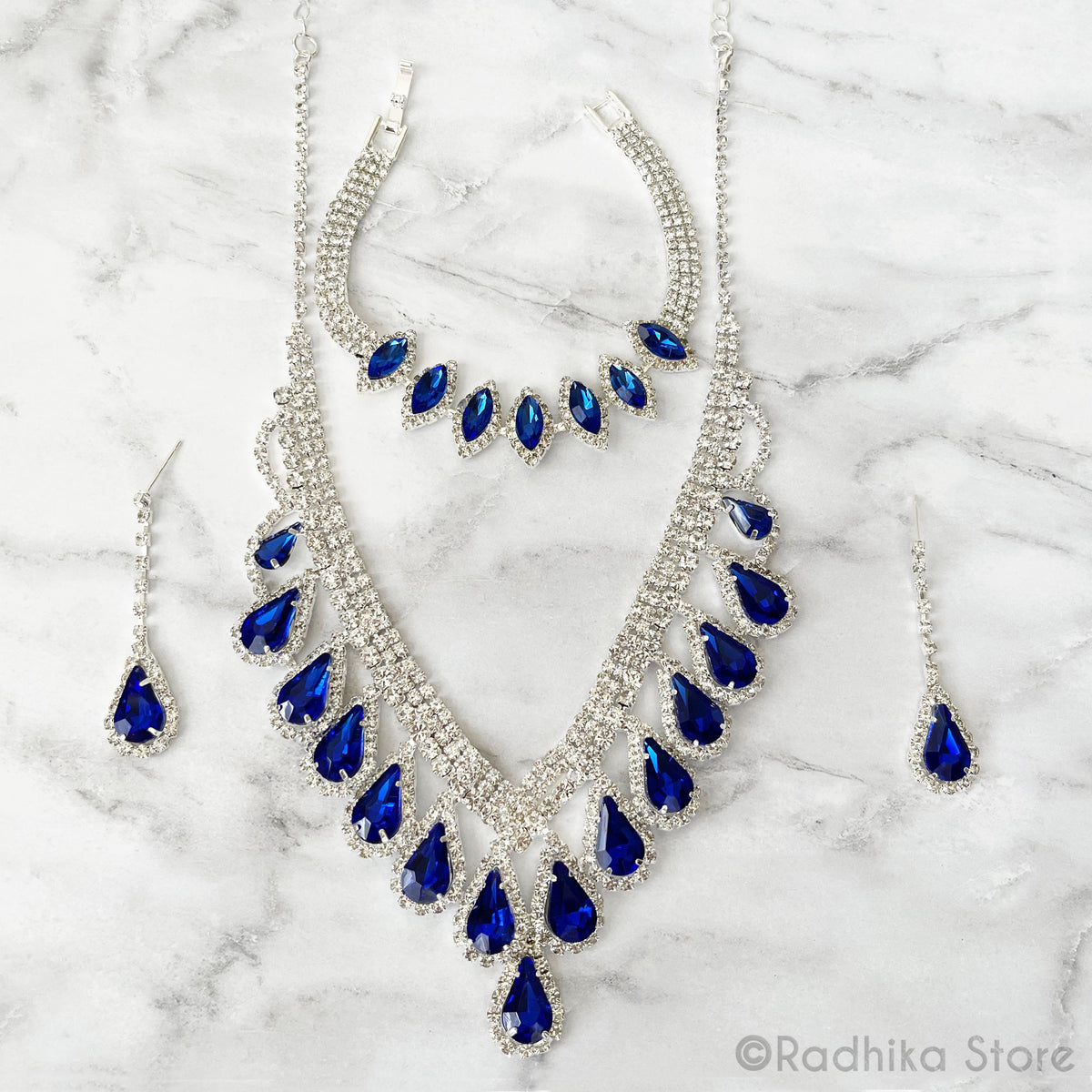 Teardrop-Deity Necklace And Earring Set With Marquise Bangle- Sapphire Blue