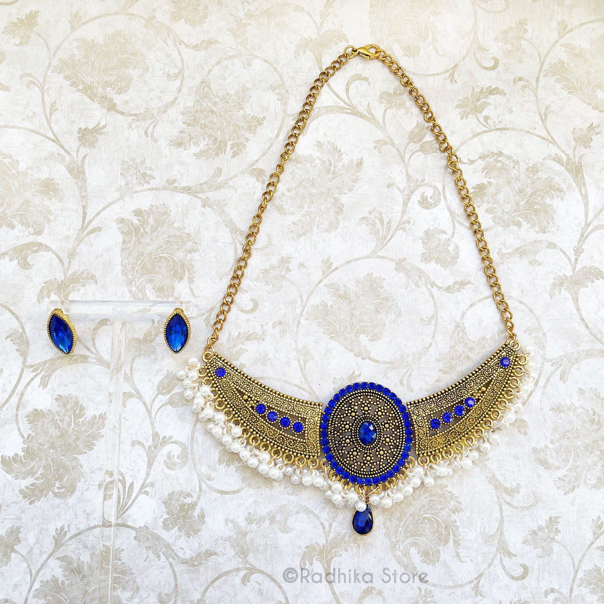 Gold With Ruby or Sapphire Or Enerakd - Pearl Jumka -  Deity Necklace And Earring Set