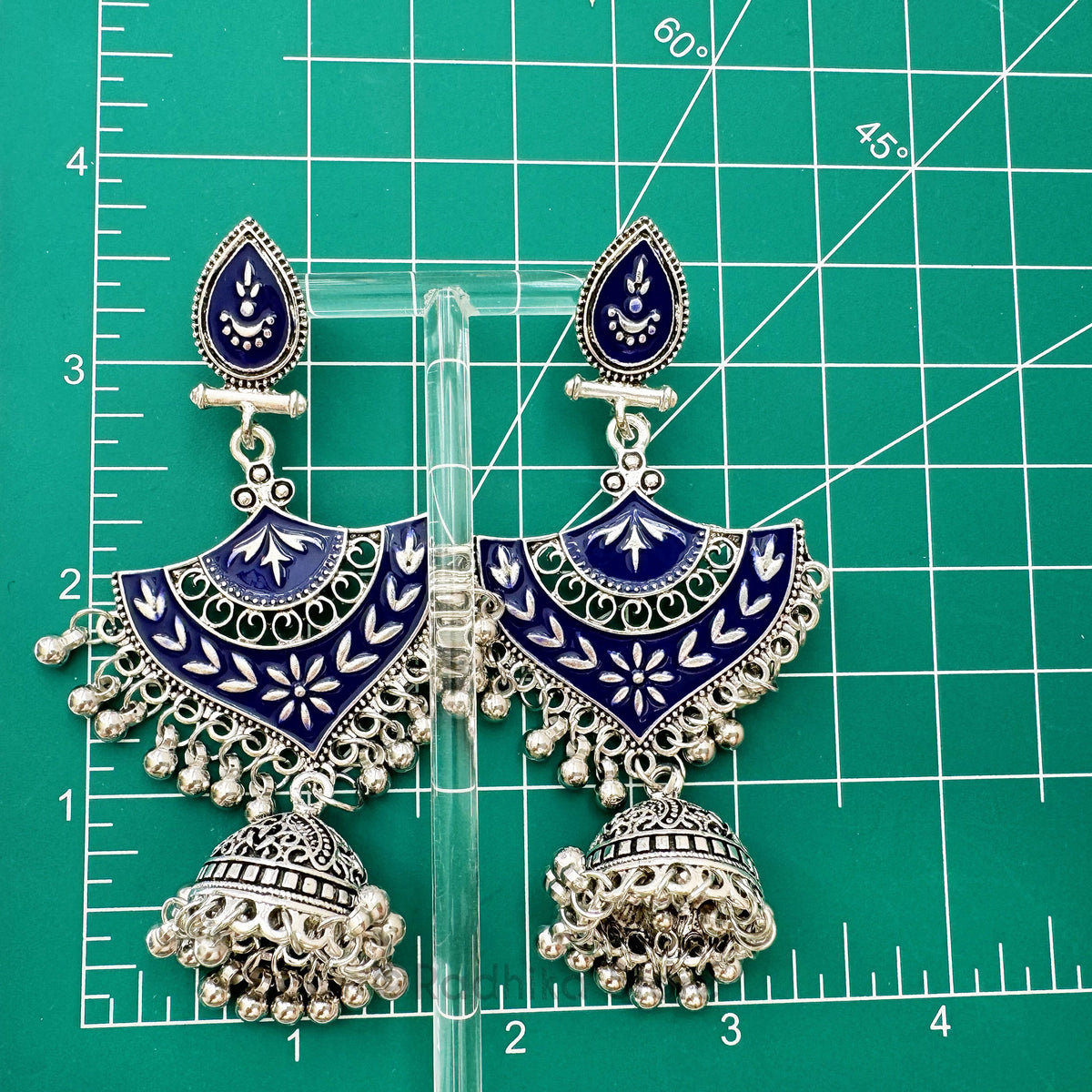 Silver Shield  Blue Lacquer - Jhumka Bell Earrings