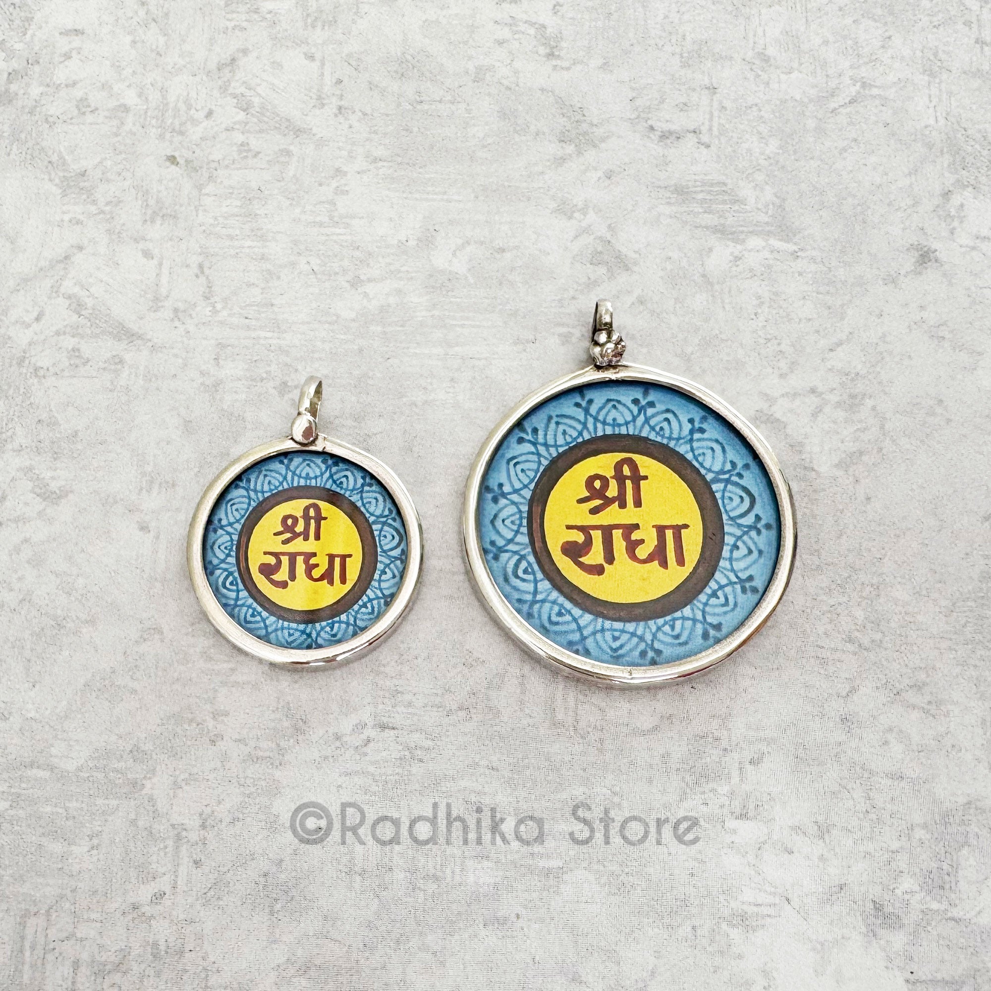 Silver Sanskrit Shri Radha Logo-Hand Painted Pendant - Main Image