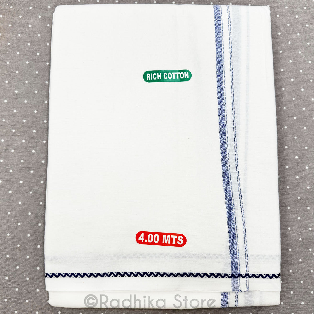 White Cotton Dhoti  - With Blue Zig Zag Embroidery Bottom Line