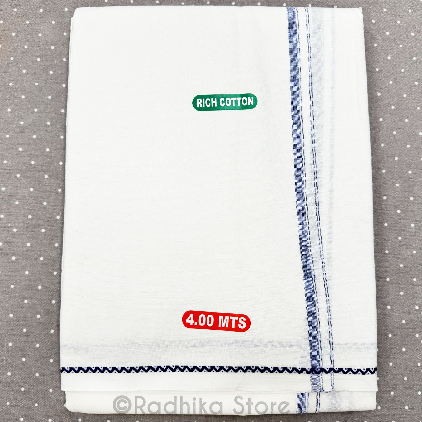 White Cotton Dhoti  - With Blue Zig Zag Embroidery Bottom Line