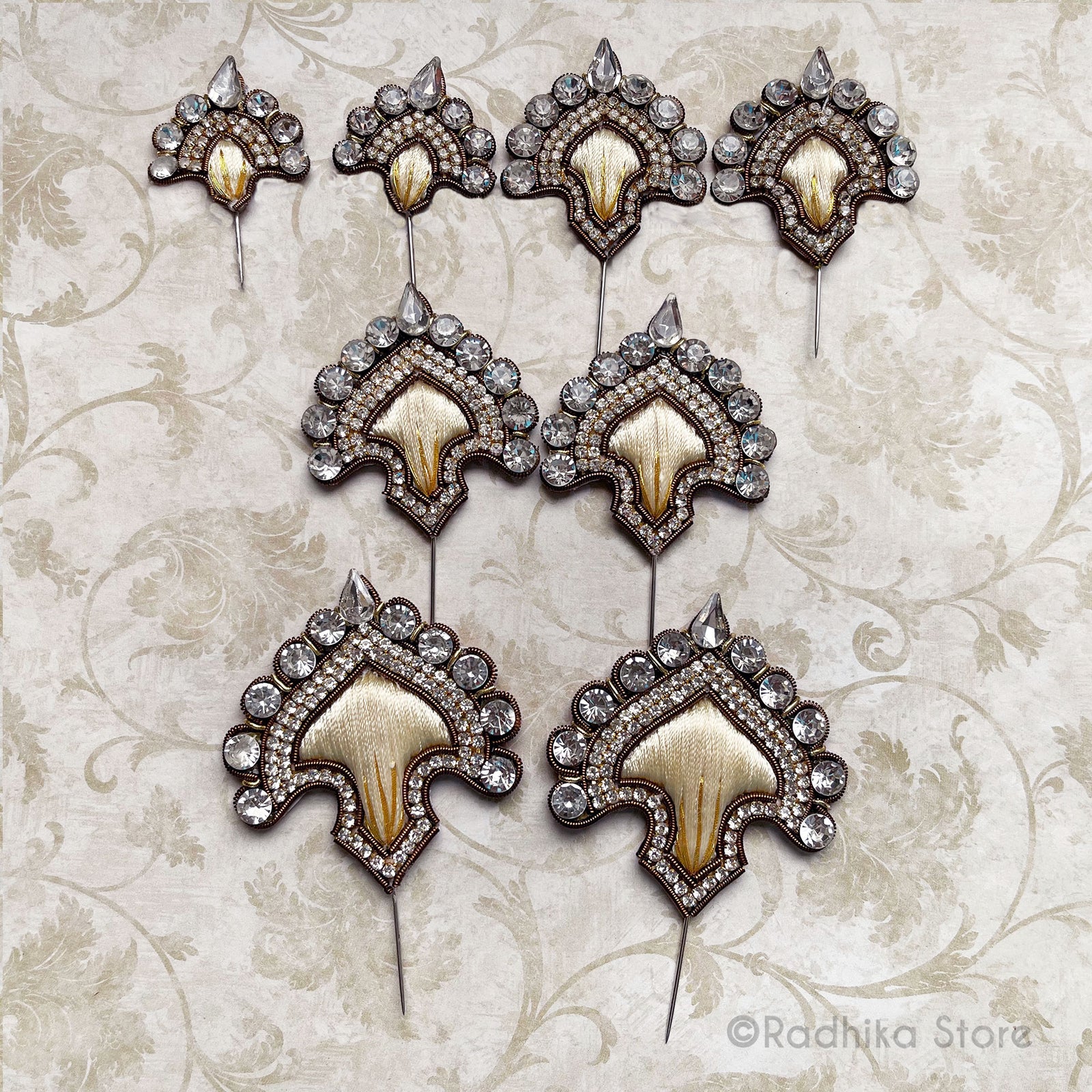 Vrindavan Fan - Golden Cream with Brown Metal - Embroidery Turban Pins Set of 2