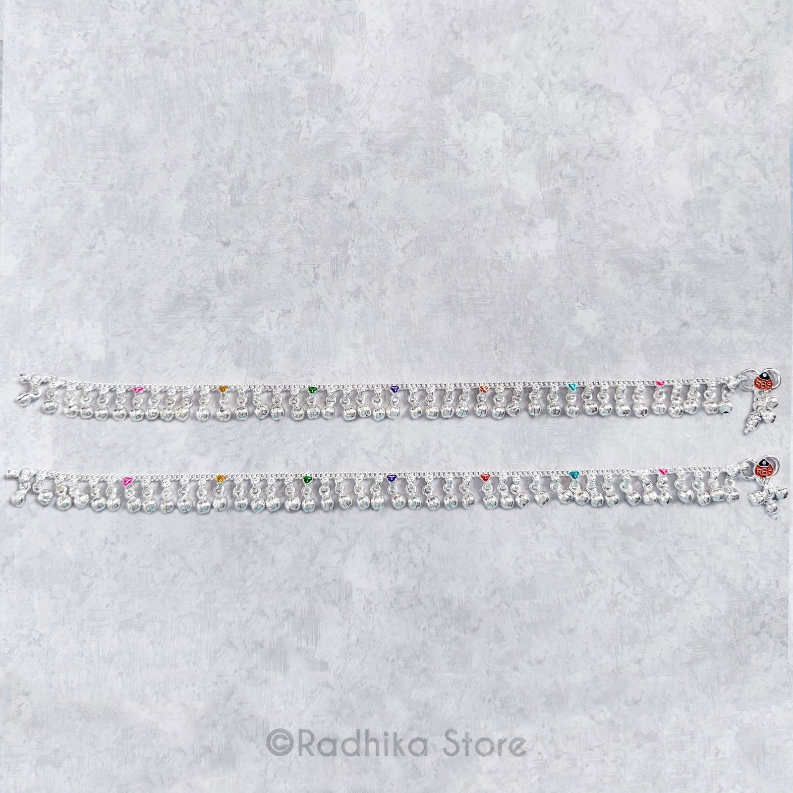 Lots of Chum Chum Bells With Colorful Hearts - Set of 2 - Silver Anklets