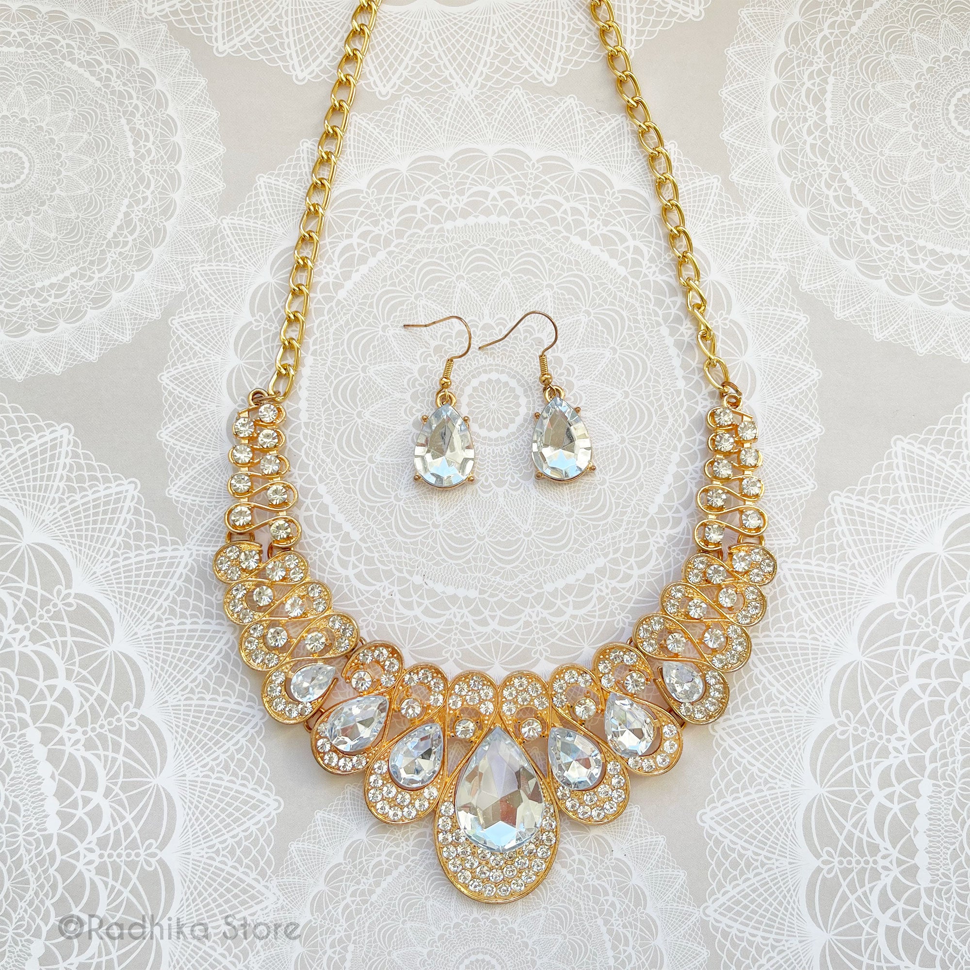 White Diamond  Crystal Teardrops - Deity Collar Necklace and Earring Set
