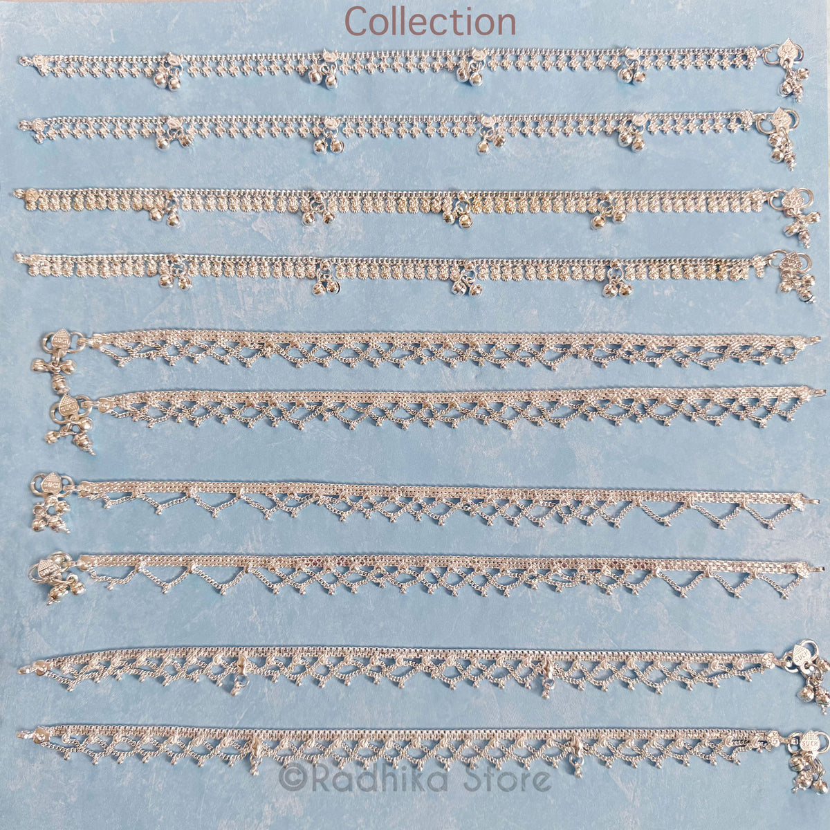 Double Scalloped  With  Hearts and Flowers - Set of 2 - Silver Anklets