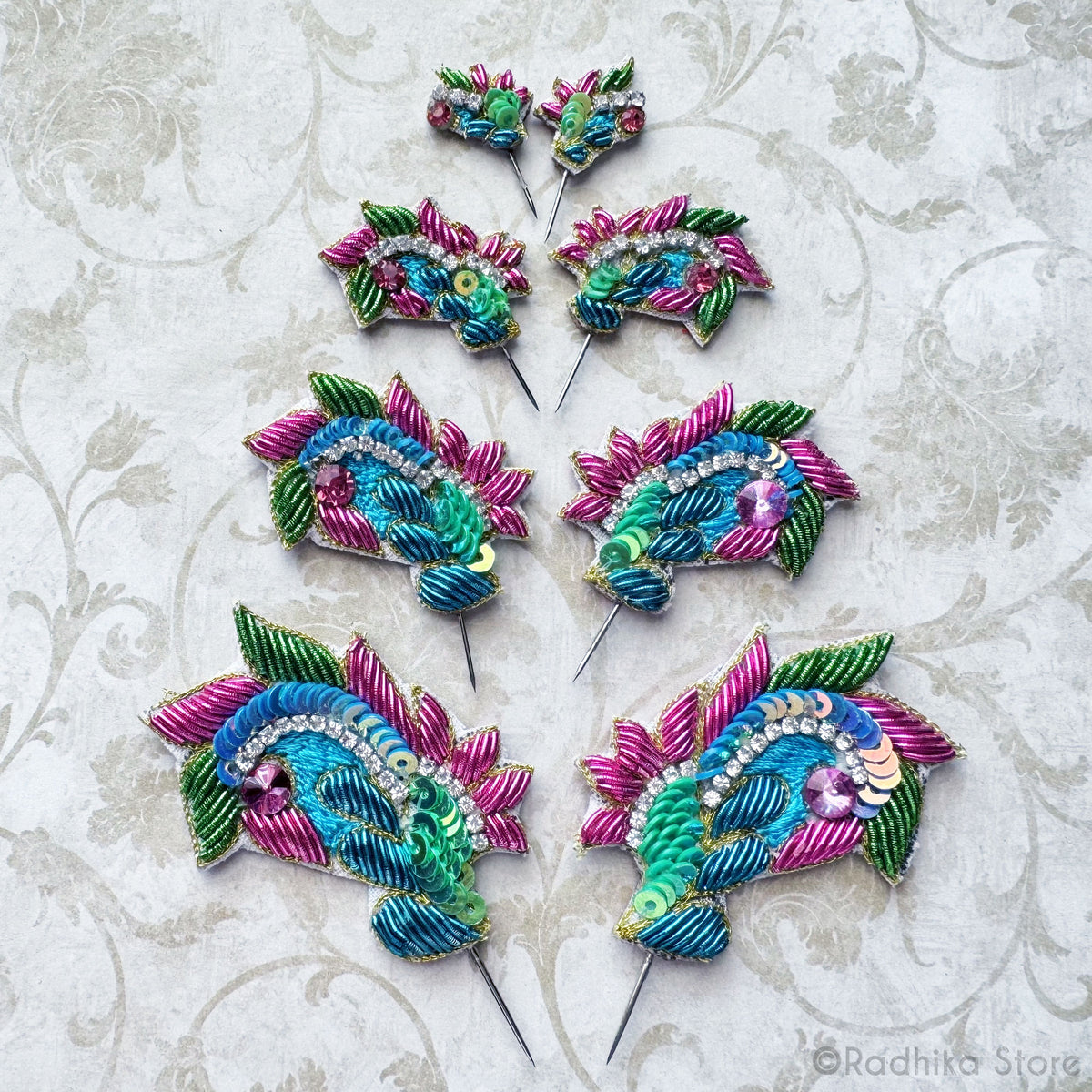 Festival Curls - Sea Blue - Embroidery Turban Pins - Set of 2