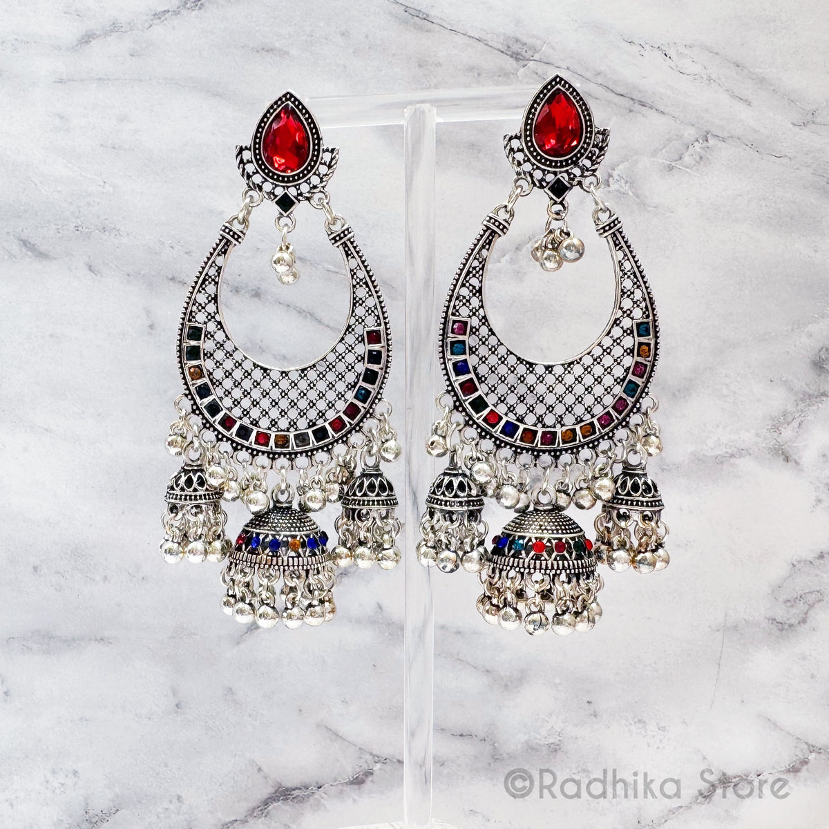 Crystal Teardrop Bells- Silvery Jhumka Earrings