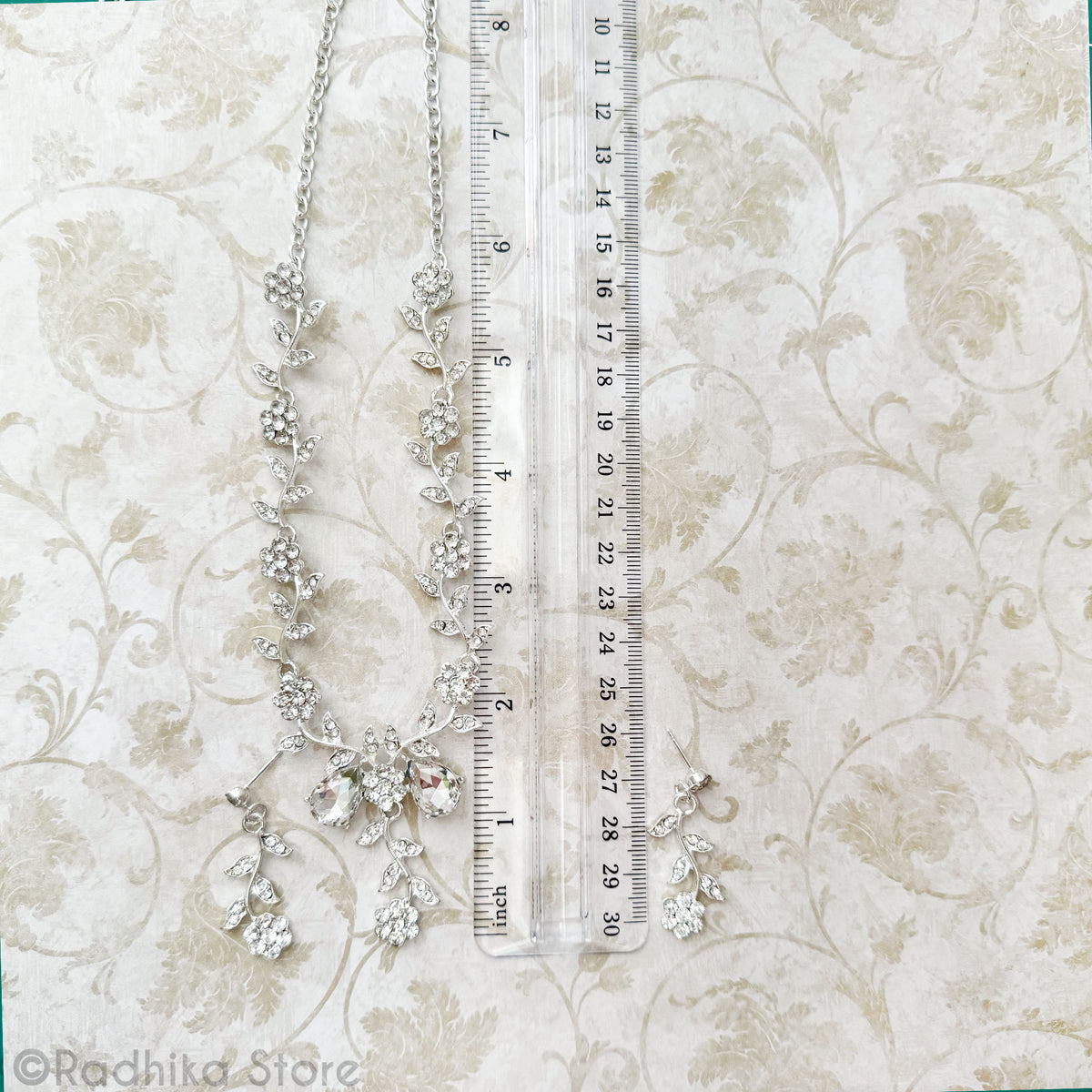 Crystal-Teardrop Vrindavan Flower Vine- Deity Necklace And Earring Set