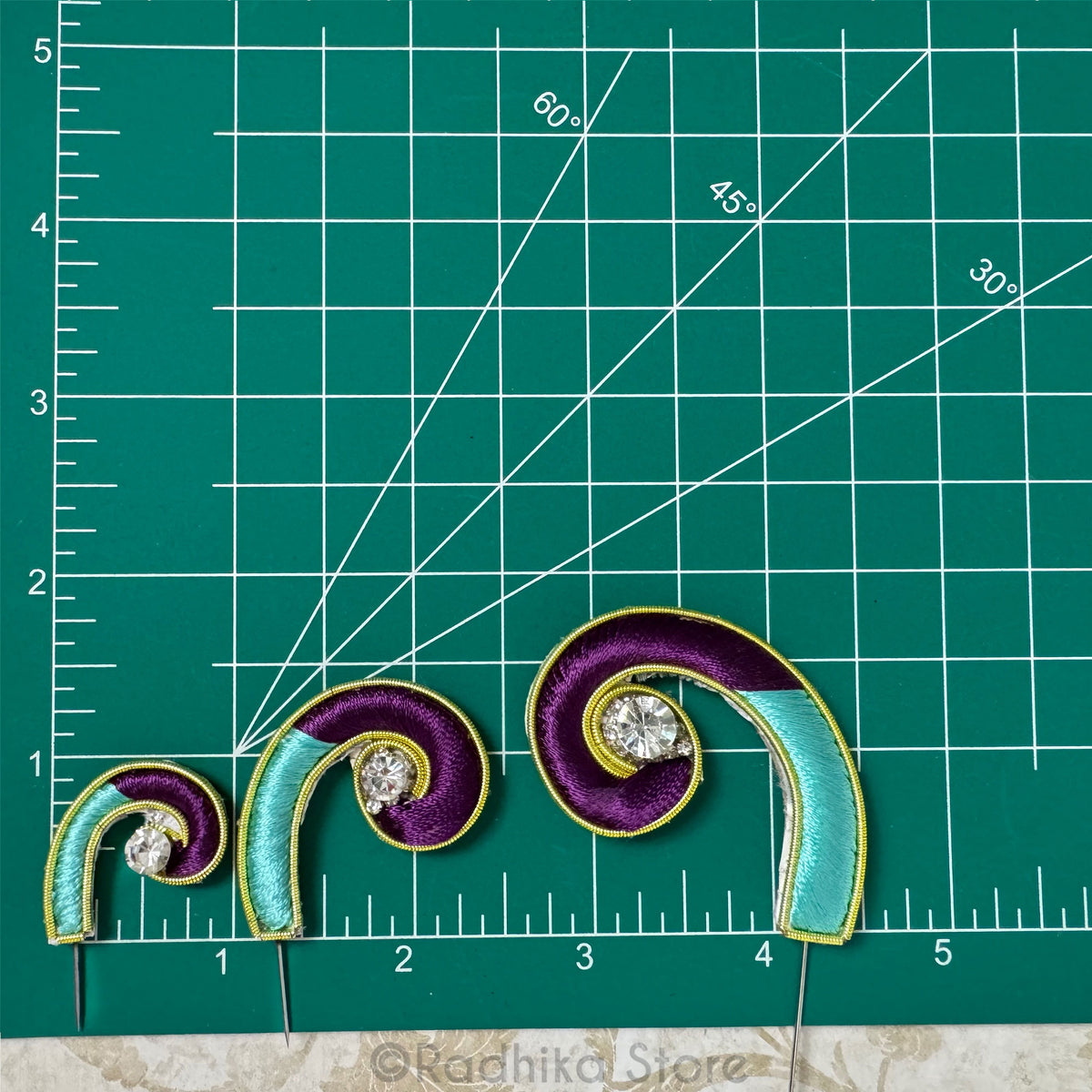 Mayapur Curls - Purple and Teal Green - Embroidery Turban Pins - Set of 2
