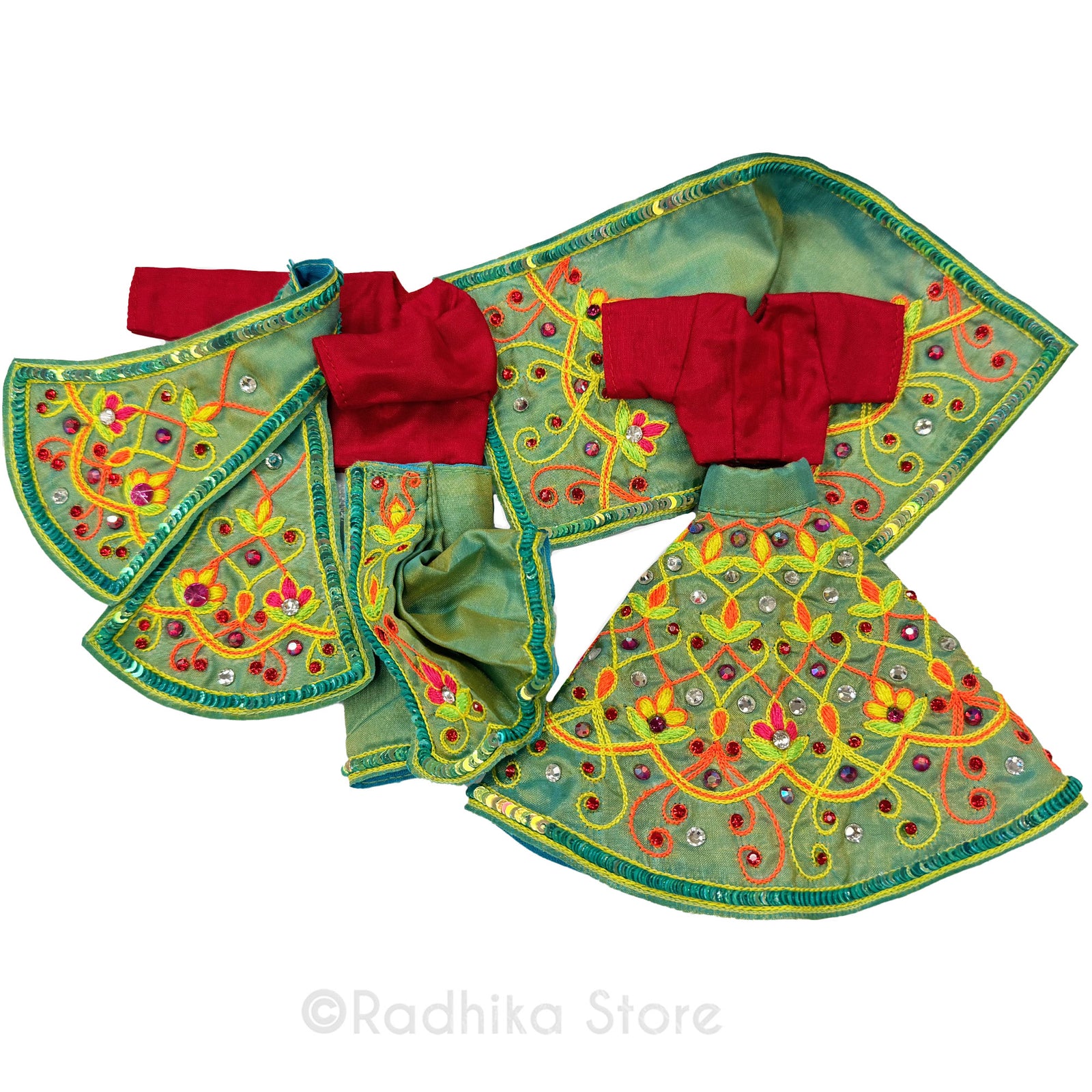 Dazzling Flower Lights - Opalescent Green and Red- Silk - Radha Krishna Deity Outfit