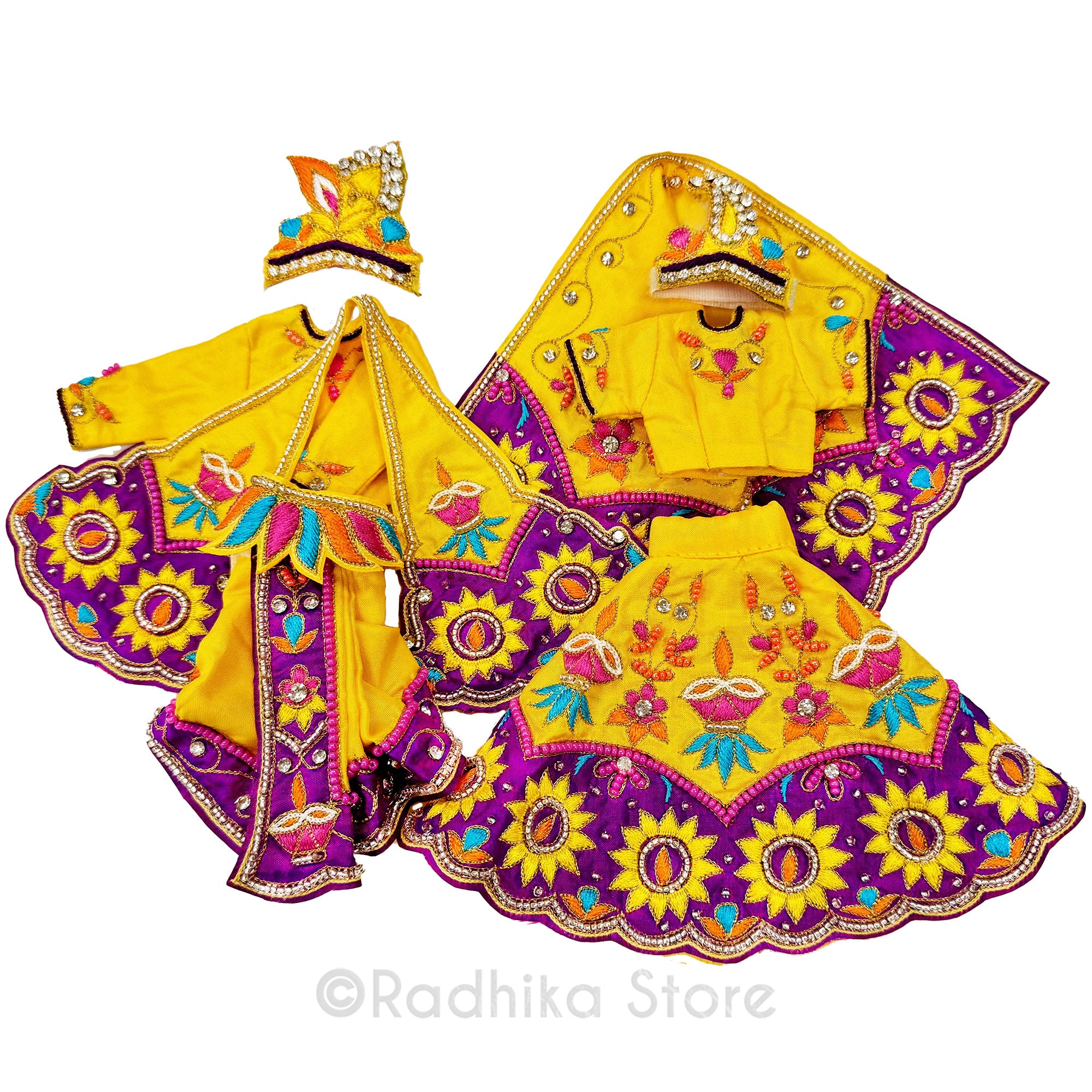 Divine Lamps Of Love -  Flame Yellow and Fuchsia - Silk - Radha Krishna Deity Outfit