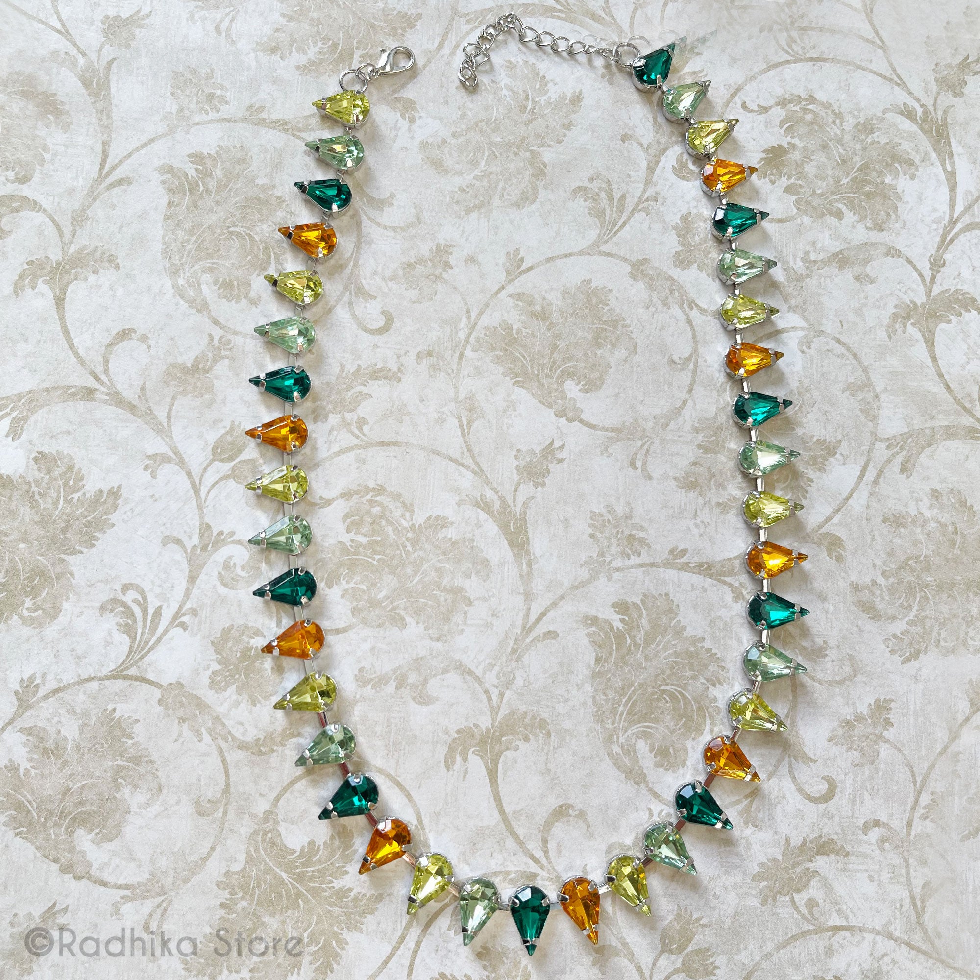 Govardhana Raindrops- Rhinestone - Deity Necklace - Greens With Marigold