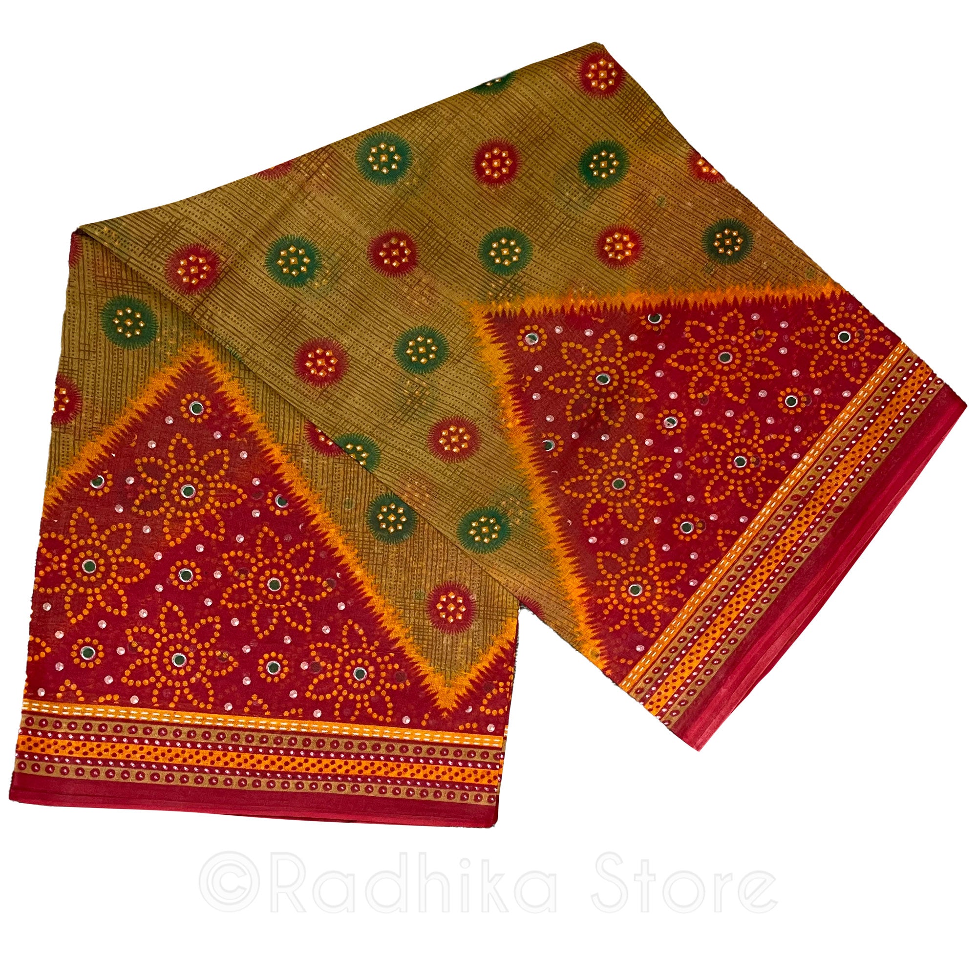 Flower Dots - Printed Cotton Saree - Oranges-Golden Tan and Green