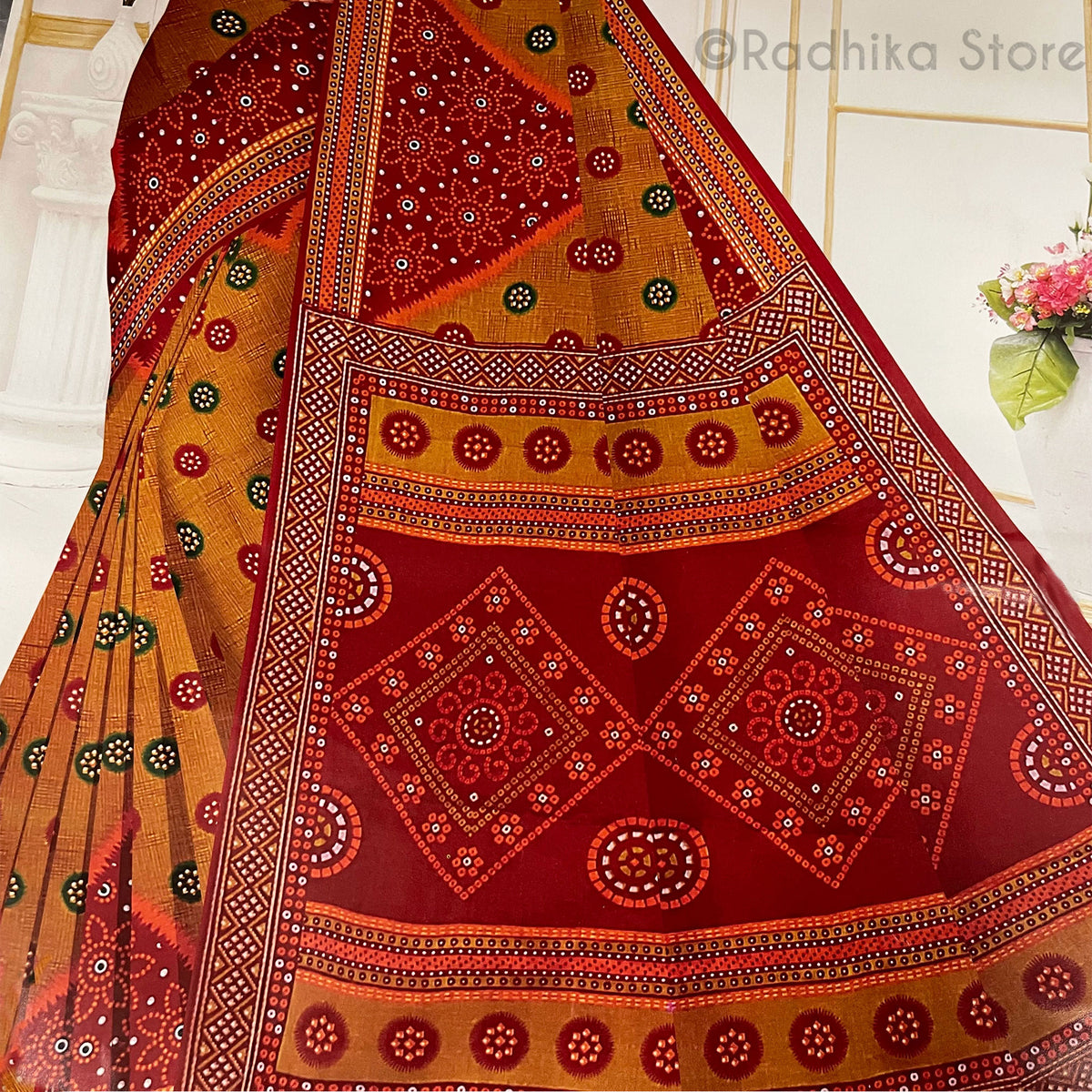 Flower Dots - Printed Cotton Saree - Oranges-Golden Tan and Green