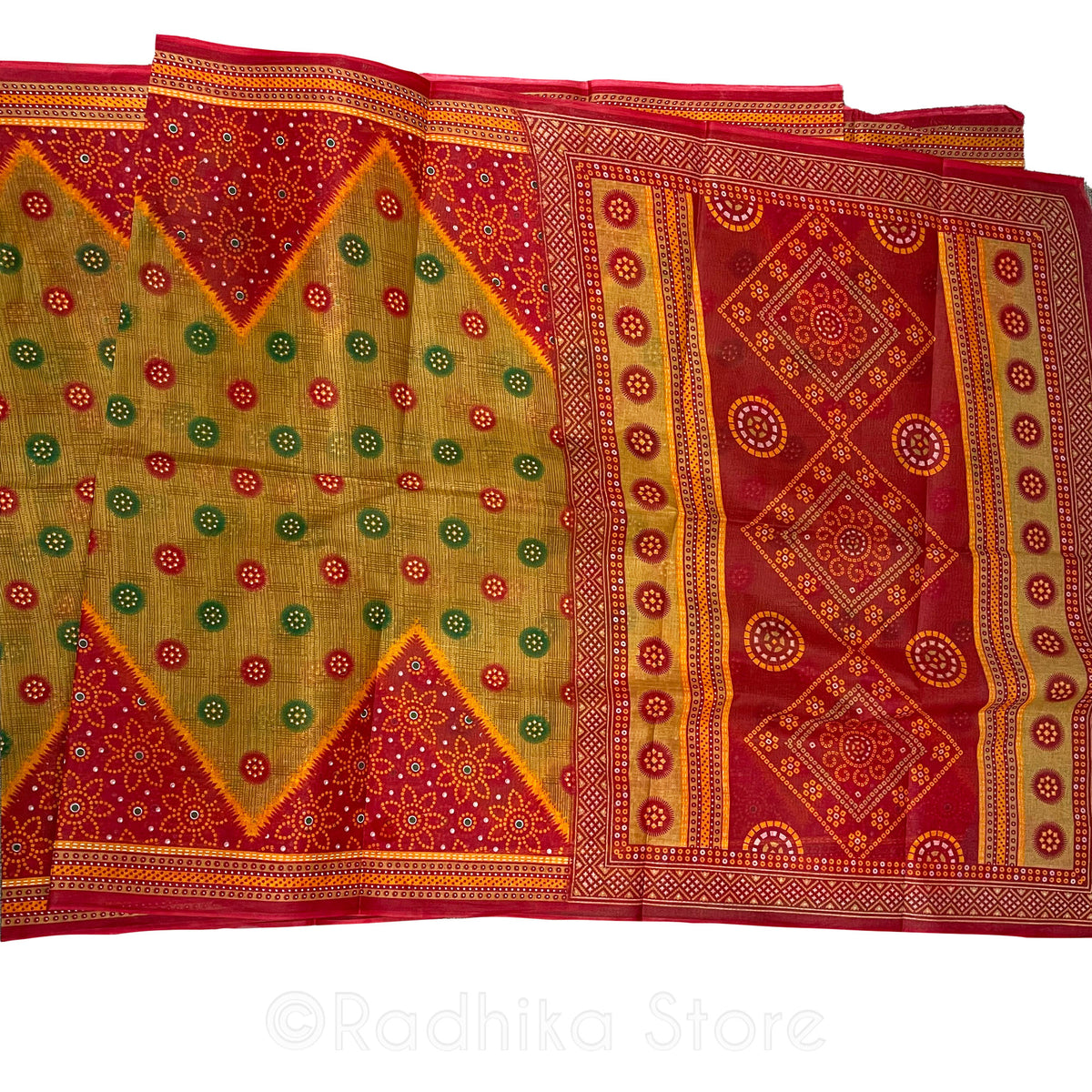 Flower Dots - Printed Cotton Saree - Oranges-Golden Tan and Green