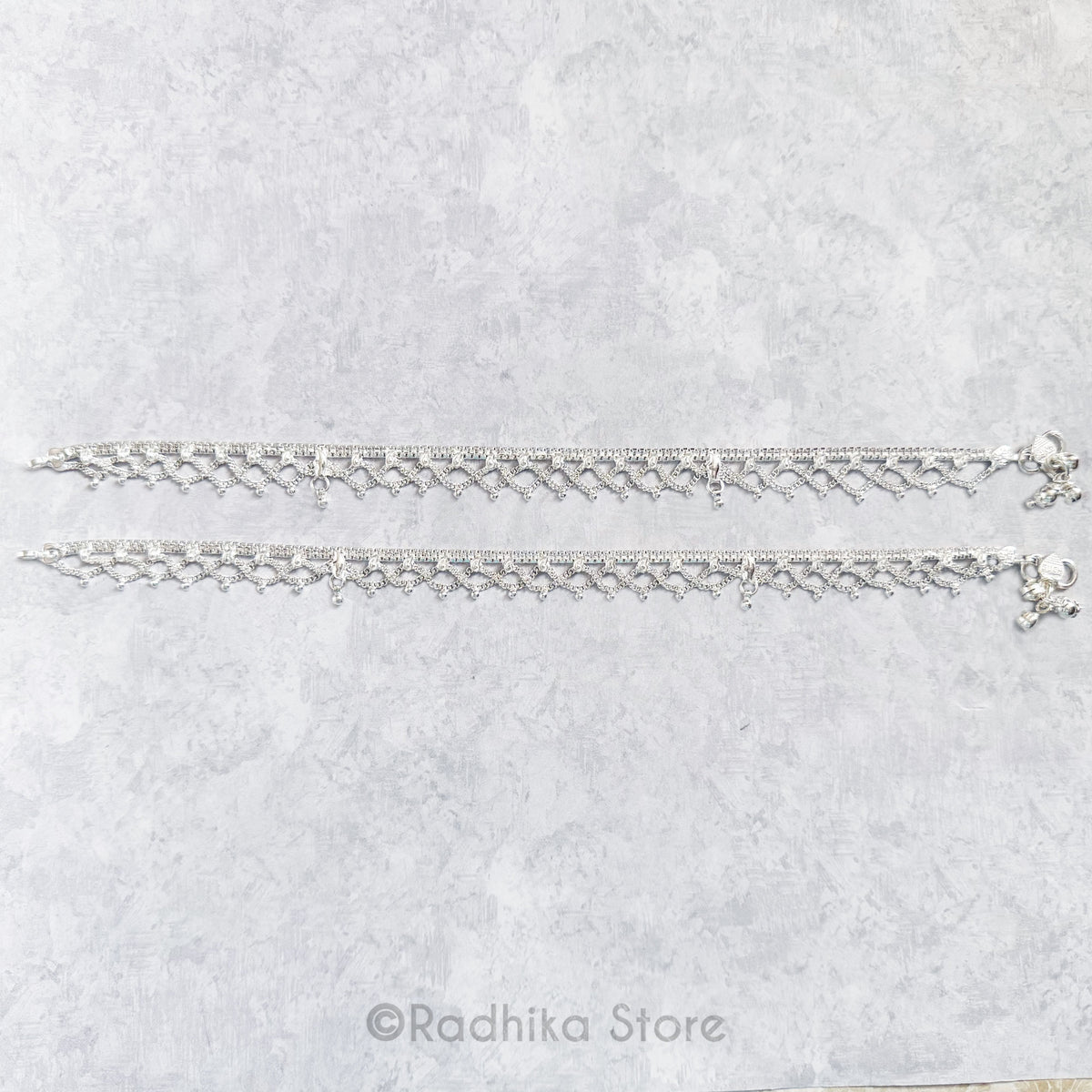 Double Scalloped  With Chandrikas - Set of 2 - Silver Anklets