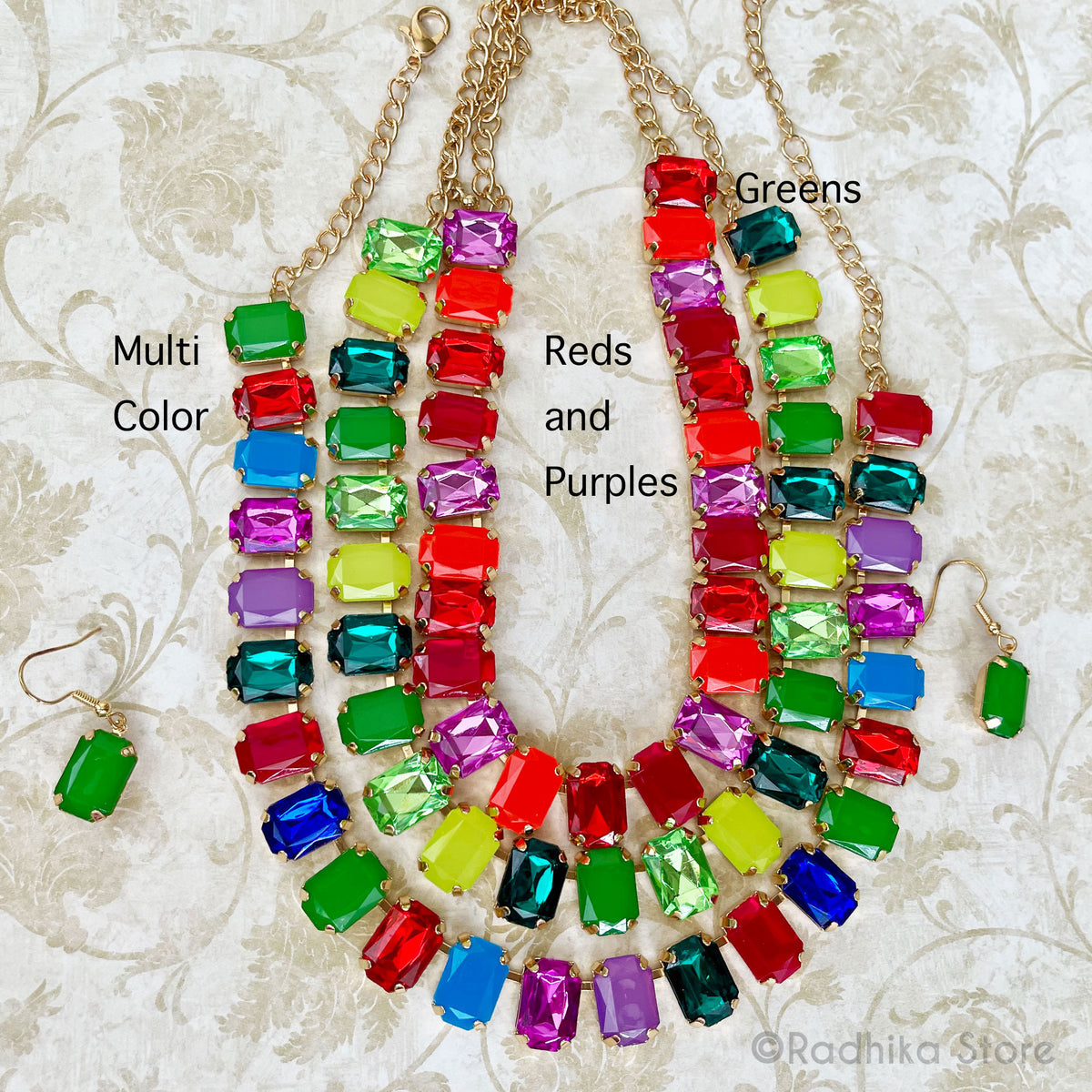 Emerald Cut-Multi Colors- Crystals-Rhinestone Deity Necklace - And Earring Set