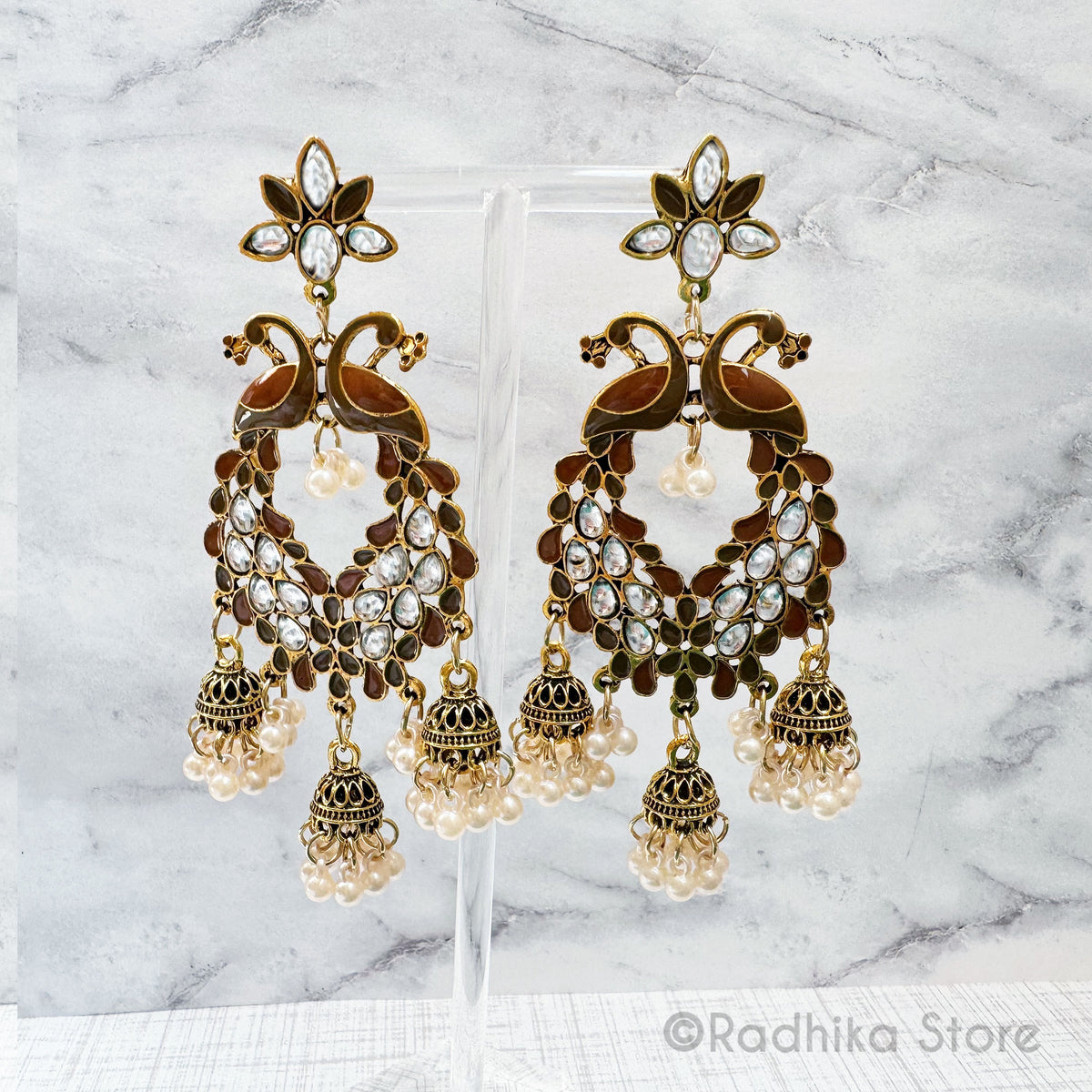 Kundan Dancing Peacock Pearl Bells-  Jhumka Earrings