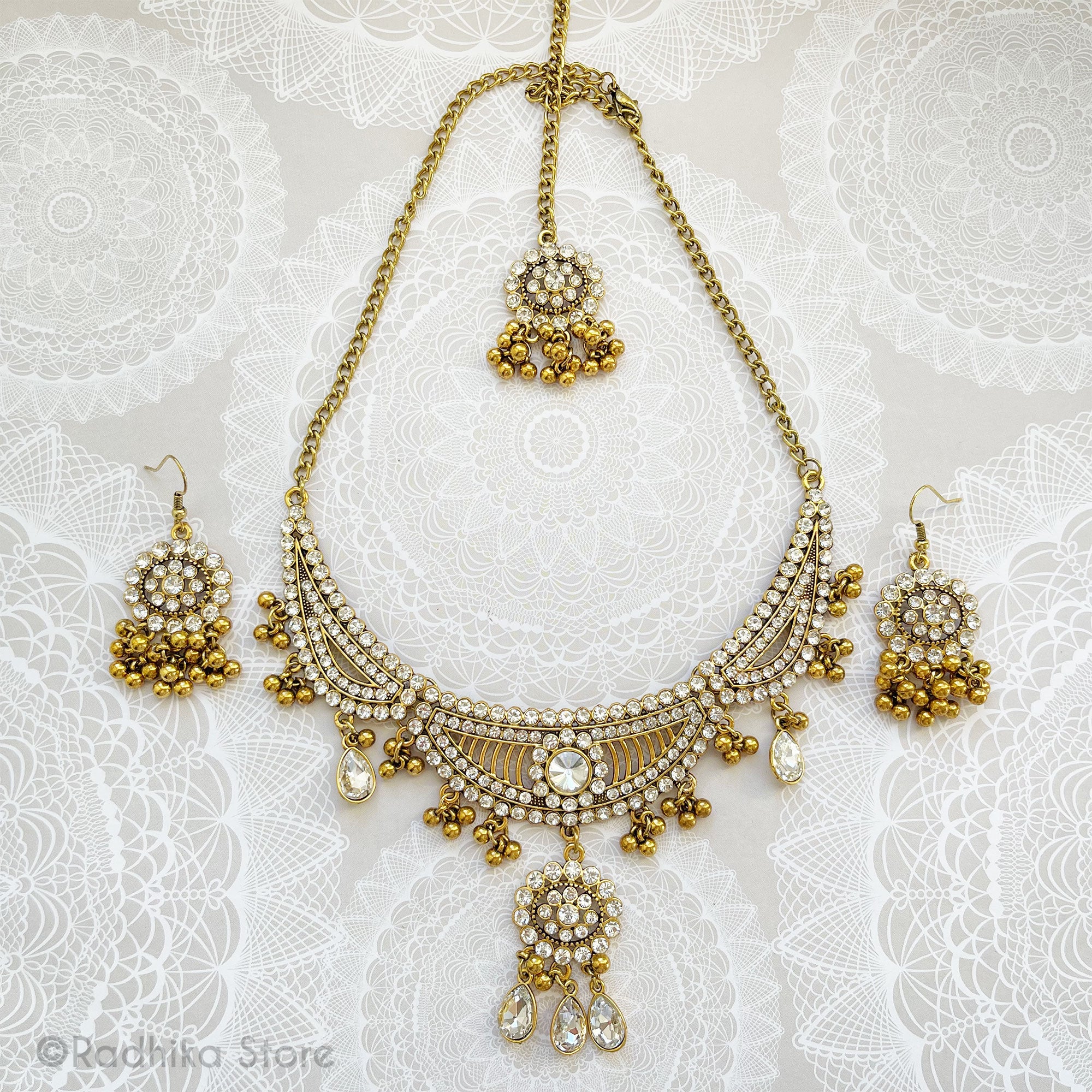 Elegant Jhumka - Deity Tika Necklace And Earring Set - Gold with Diamond