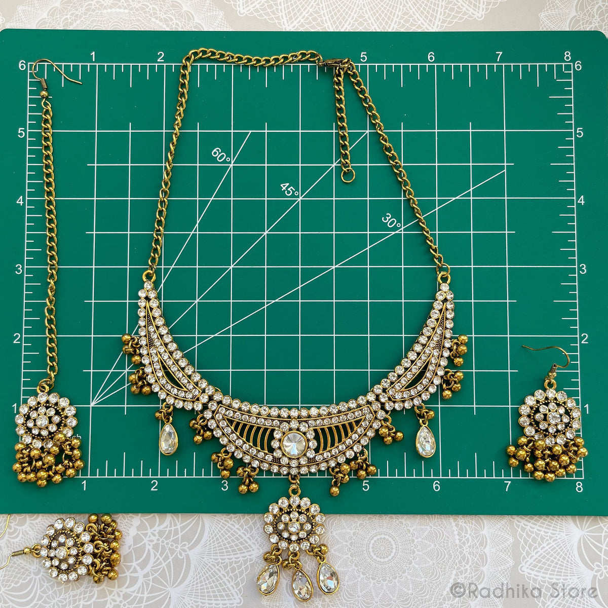 Elegant Jhumka - Deity Tika Necklace And Earring Set - Gold with Diamond