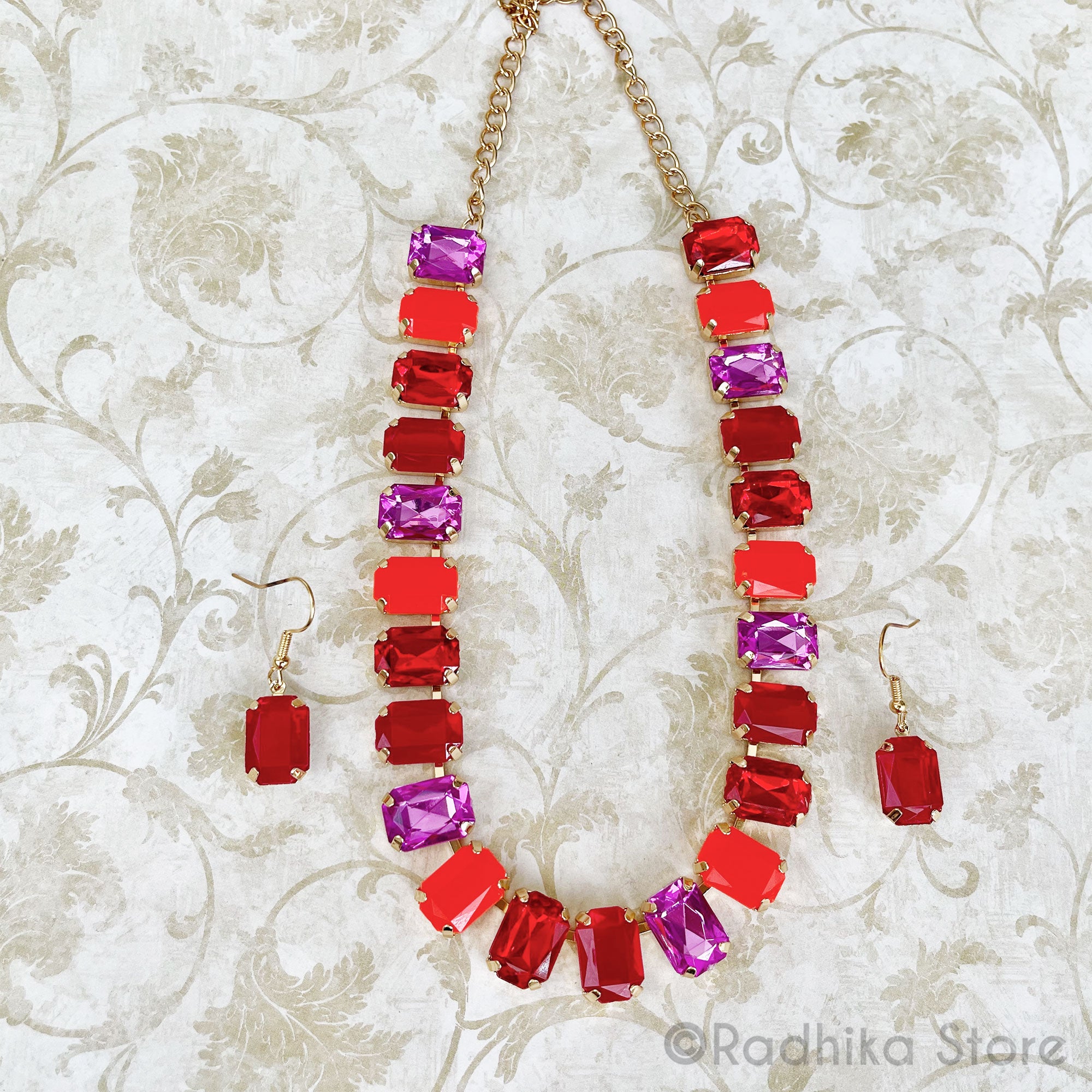 Emerald Cut-Reds and PUrple Color Crystals-Rhinestone Deity Necklace - And Earring Set