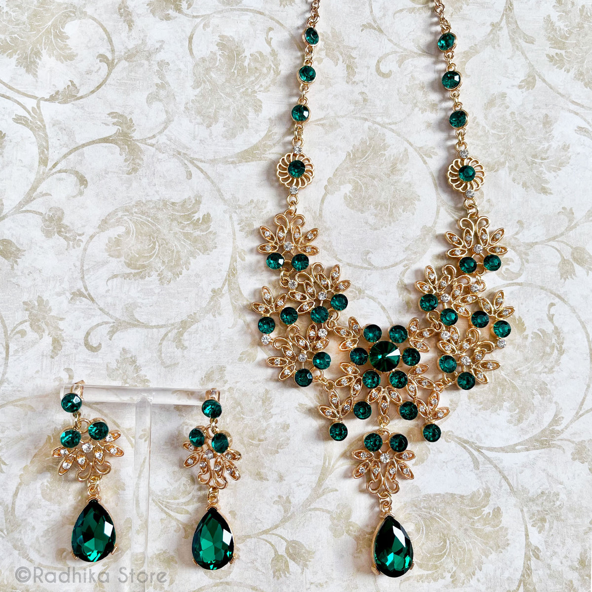 Maha Dew Drops-Rhinestone Deity Necklace And Earring Set