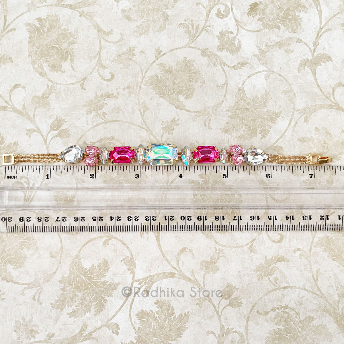 Emerald Cut Opalescent and Pinks - Rhinestone Deity- Bangle Or-
