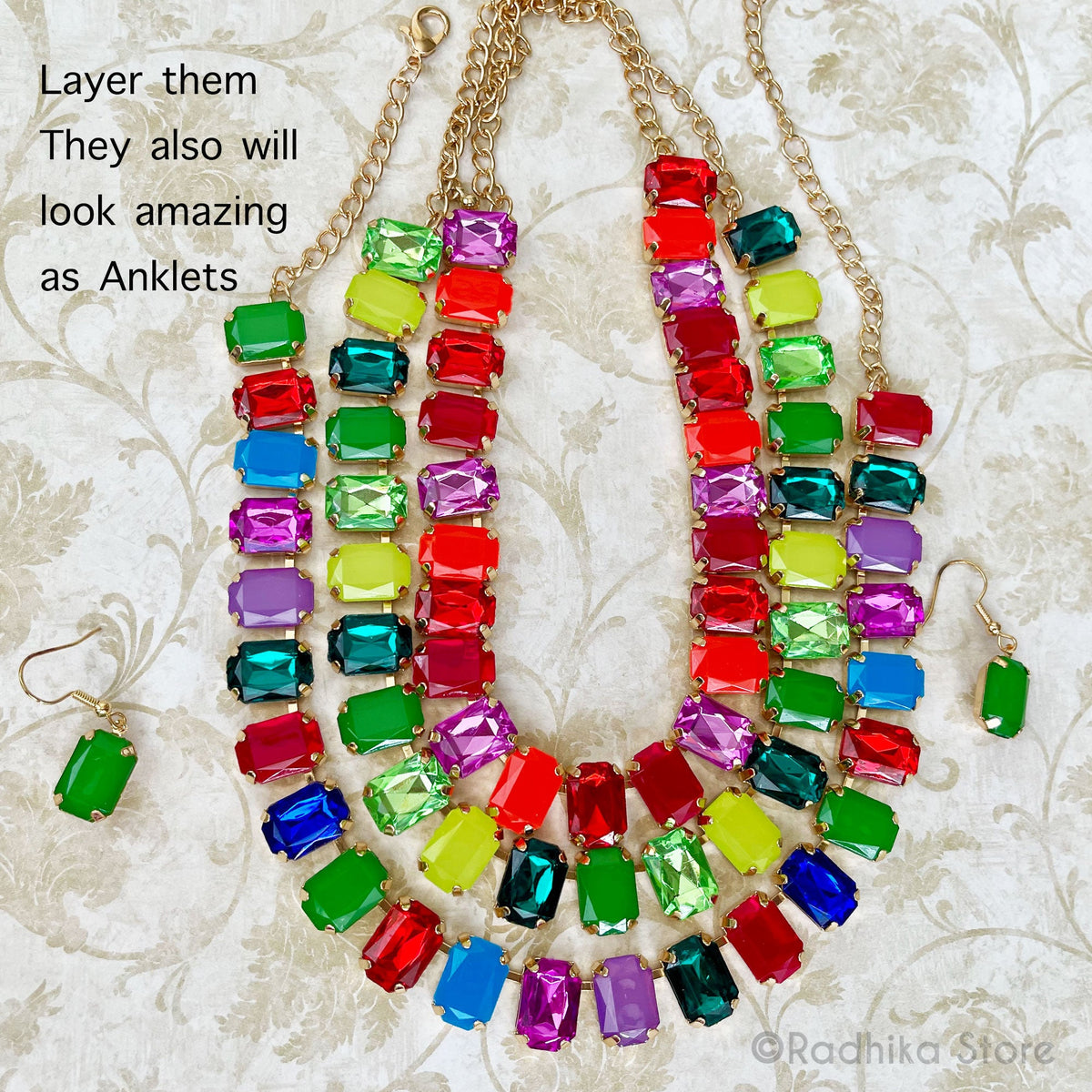 Emerald Cut-Reds and PUrple Color Crystals-Rhinestone Deity Necklace - And Earring Set
