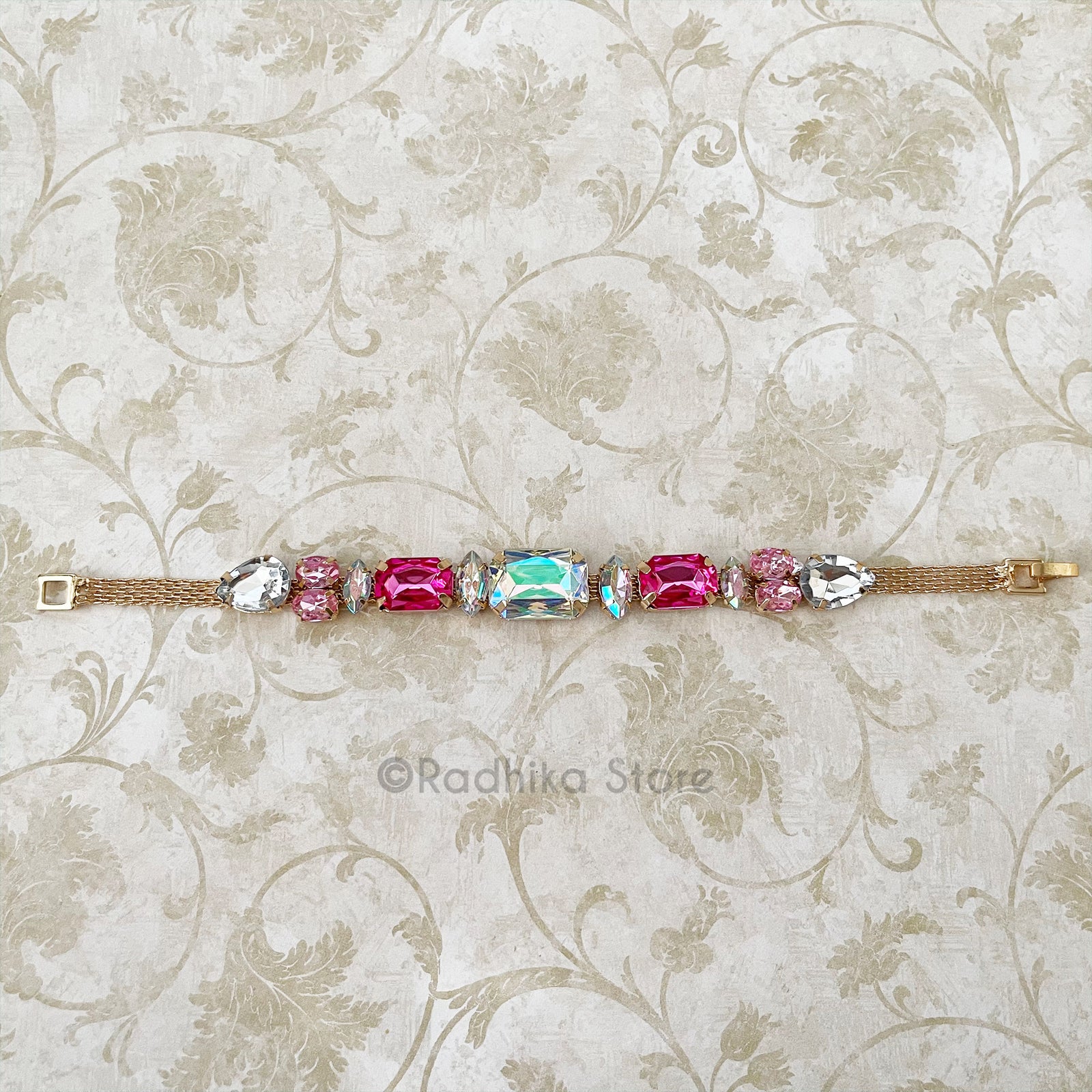 Emerald Cut Opalescent and Pinks - Rhinestone Deity- Bangle Or-