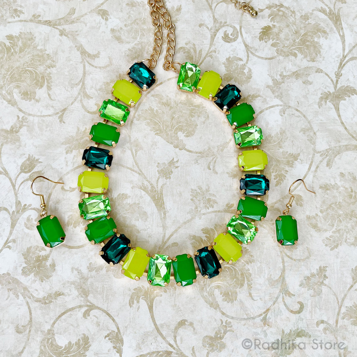 Emerald Cut-Green Color Crystals-Rhinestone Deity Necklace - And Earring Set